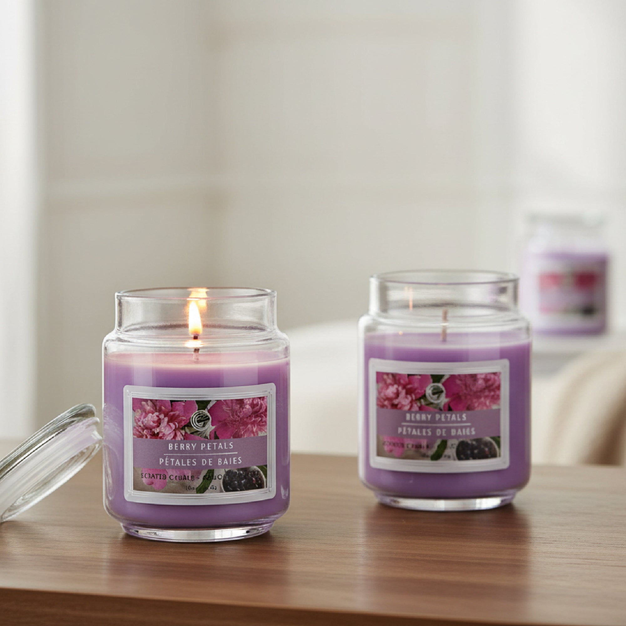 18 Ounce Scented Jar Candle with Glass Lid and Soft Floral Berry Petals Scent - Set of 2