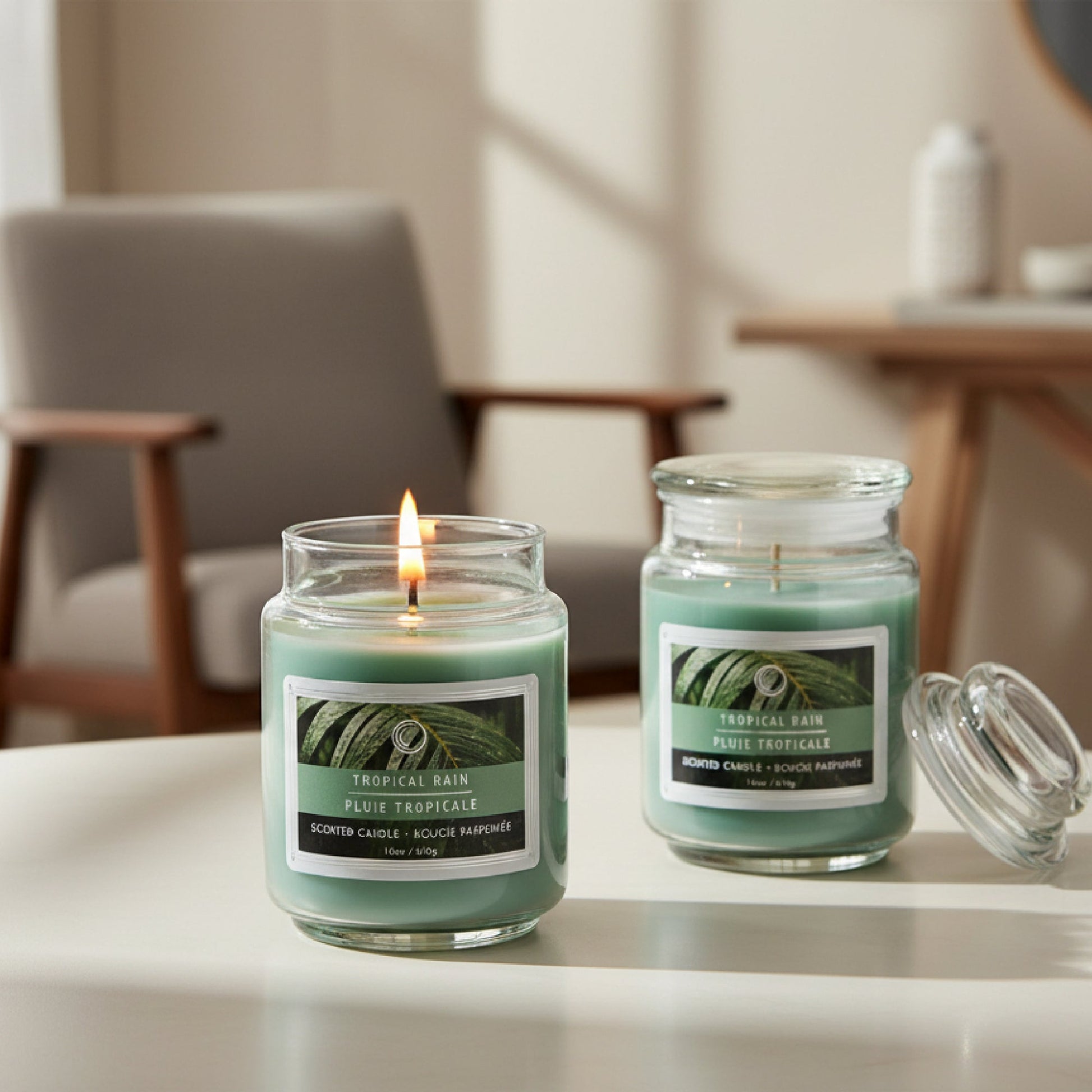 18 Ounce Scented Jar Candle with Glass Lid and Refreshing Tropical Rain Fragrance - Set of 2