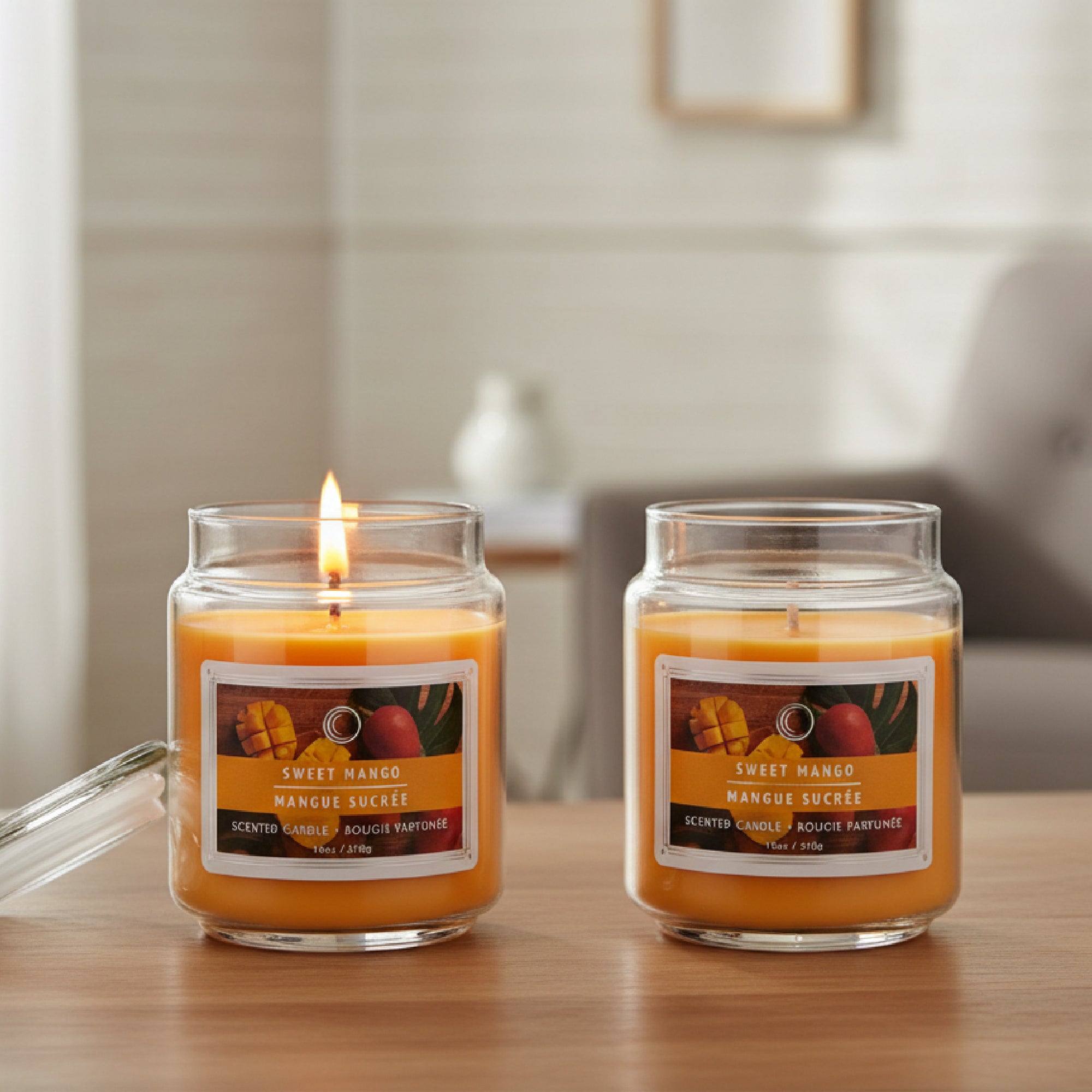 18 Ounce Scented Jar Candle with Glass Lid Featuring Sweet Mango Aroma - Set of 2