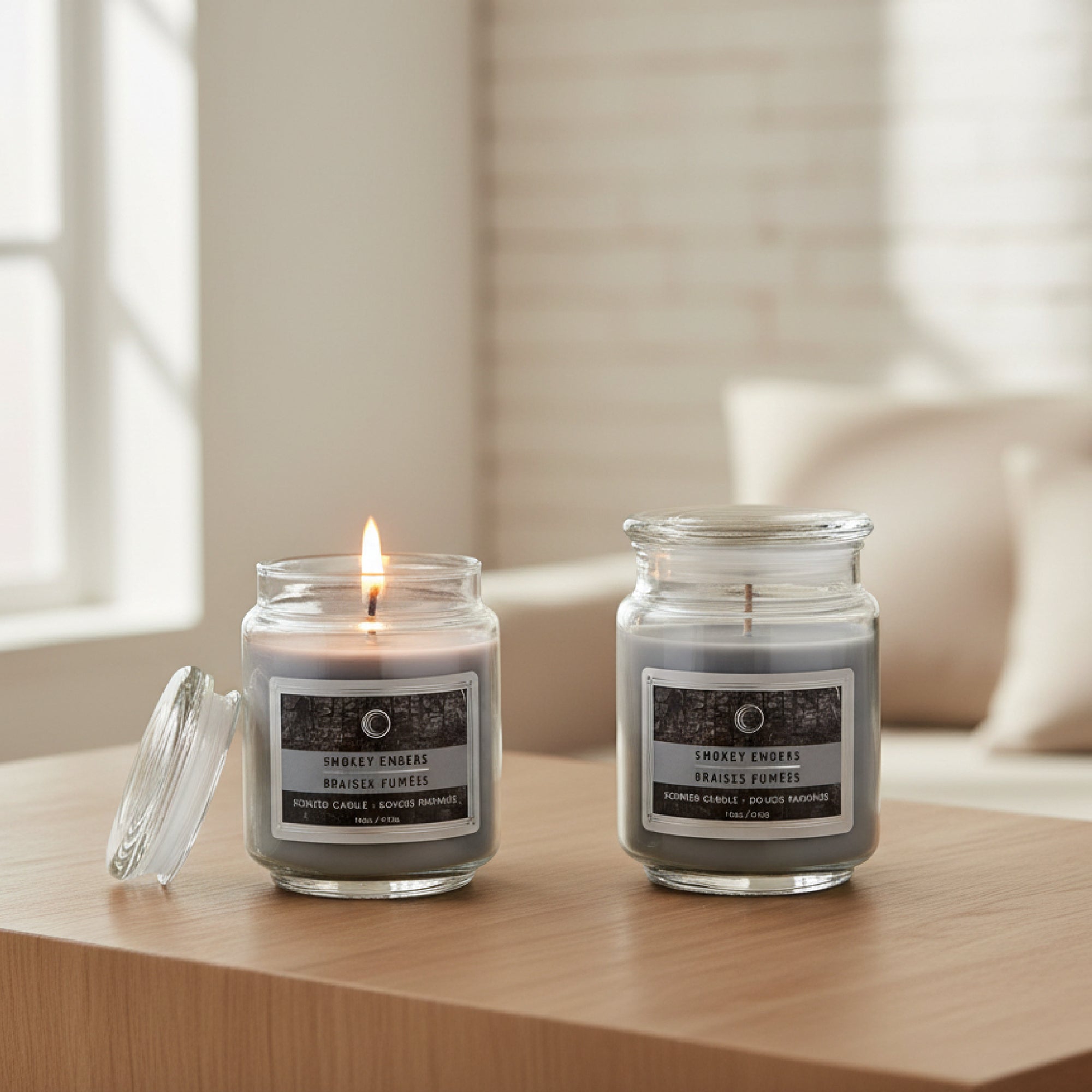 18 Ounce Scented Jar Candle with Glass Lid and Warm Smokey Embers Scent - Set of 2