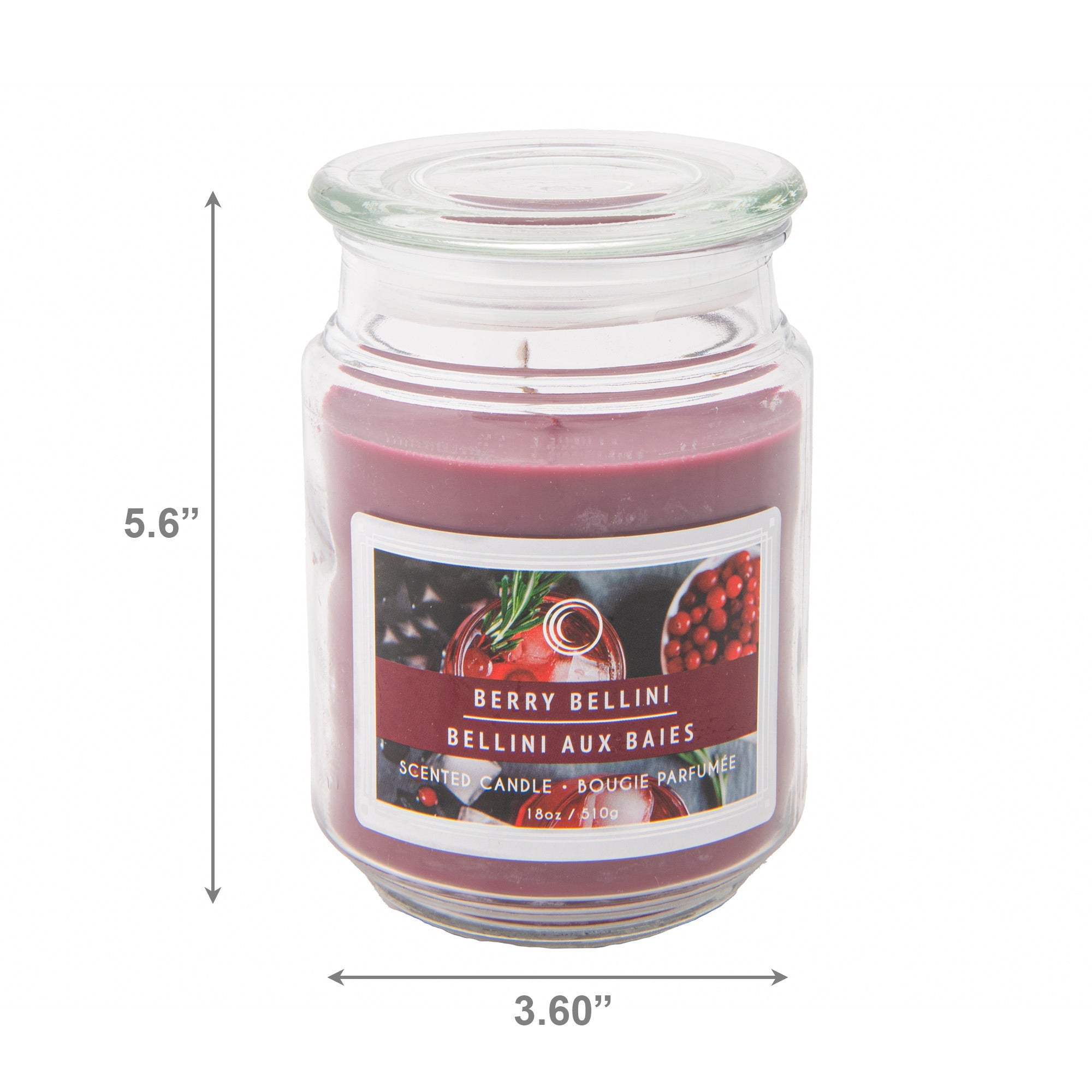 18 Oz Scented Jar Candle with Glass Lid Featuring Sweet Berry Bellini Fragrance - Set of 2