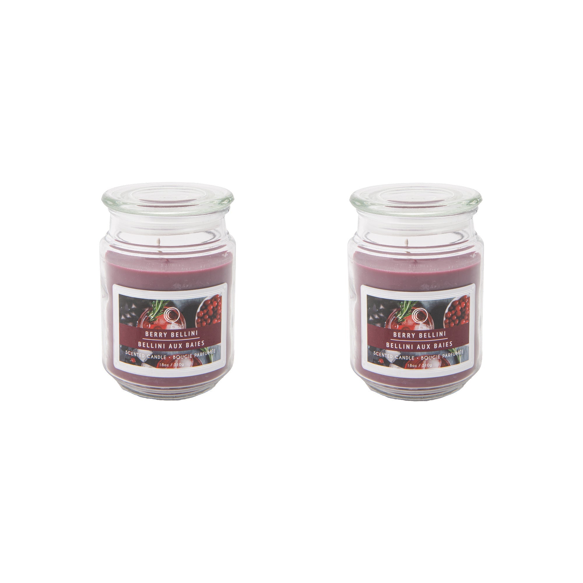 18 Oz Scented Jar Candle with Glass Lid Featuring Sweet Berry Bellini Fragrance - Set of 2