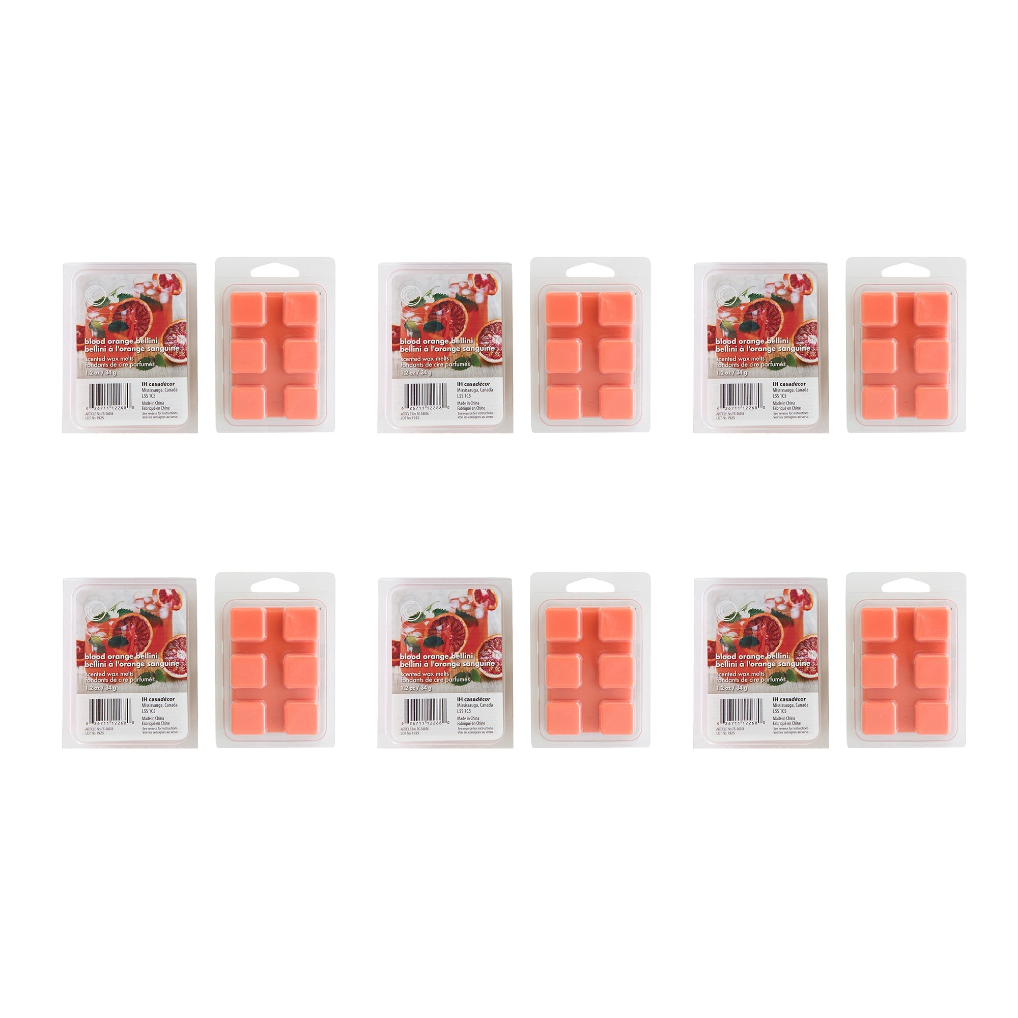 6 Pack Scented Wax Melts with Bright Blood Orange Bellini Scent - Set of 6