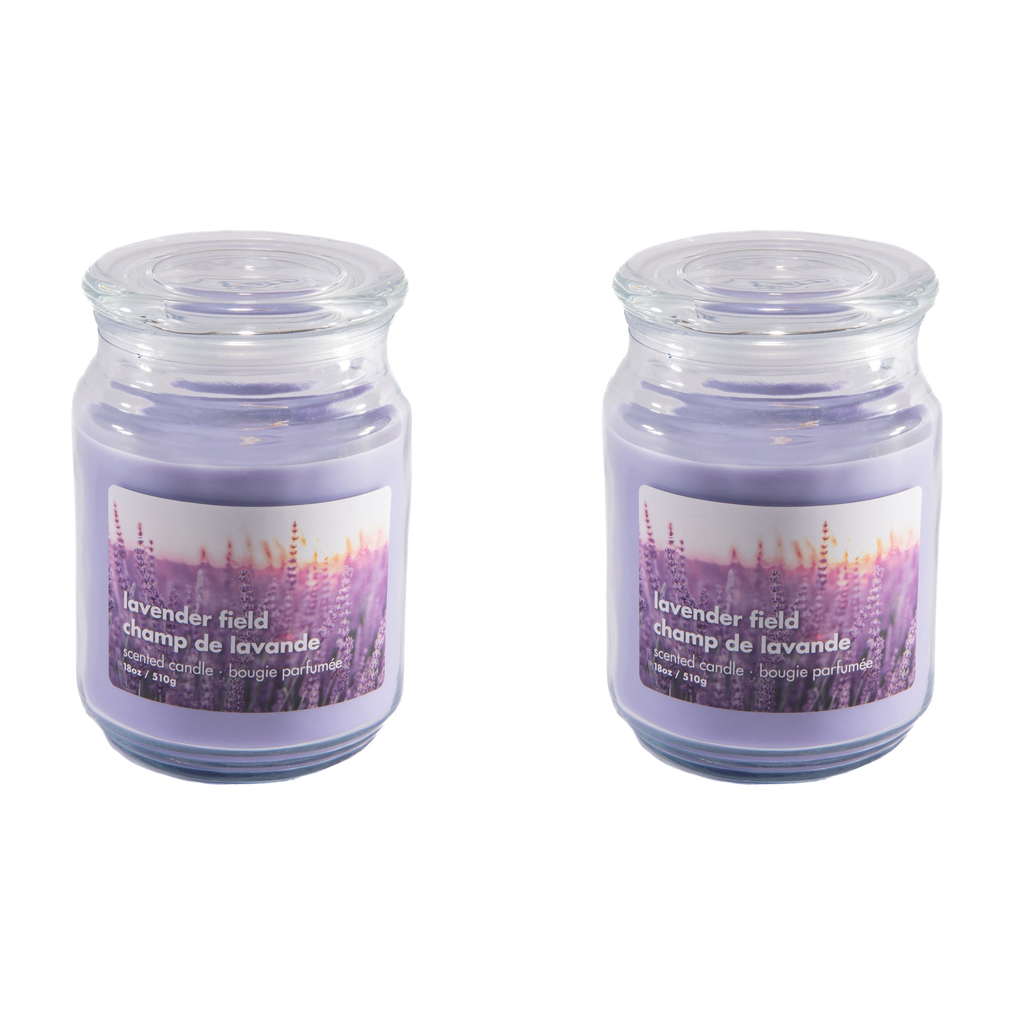 18 Oz Scented Jar Candle with Glass Lid and Relaxing Lavender Field Fragrance - Set of 2