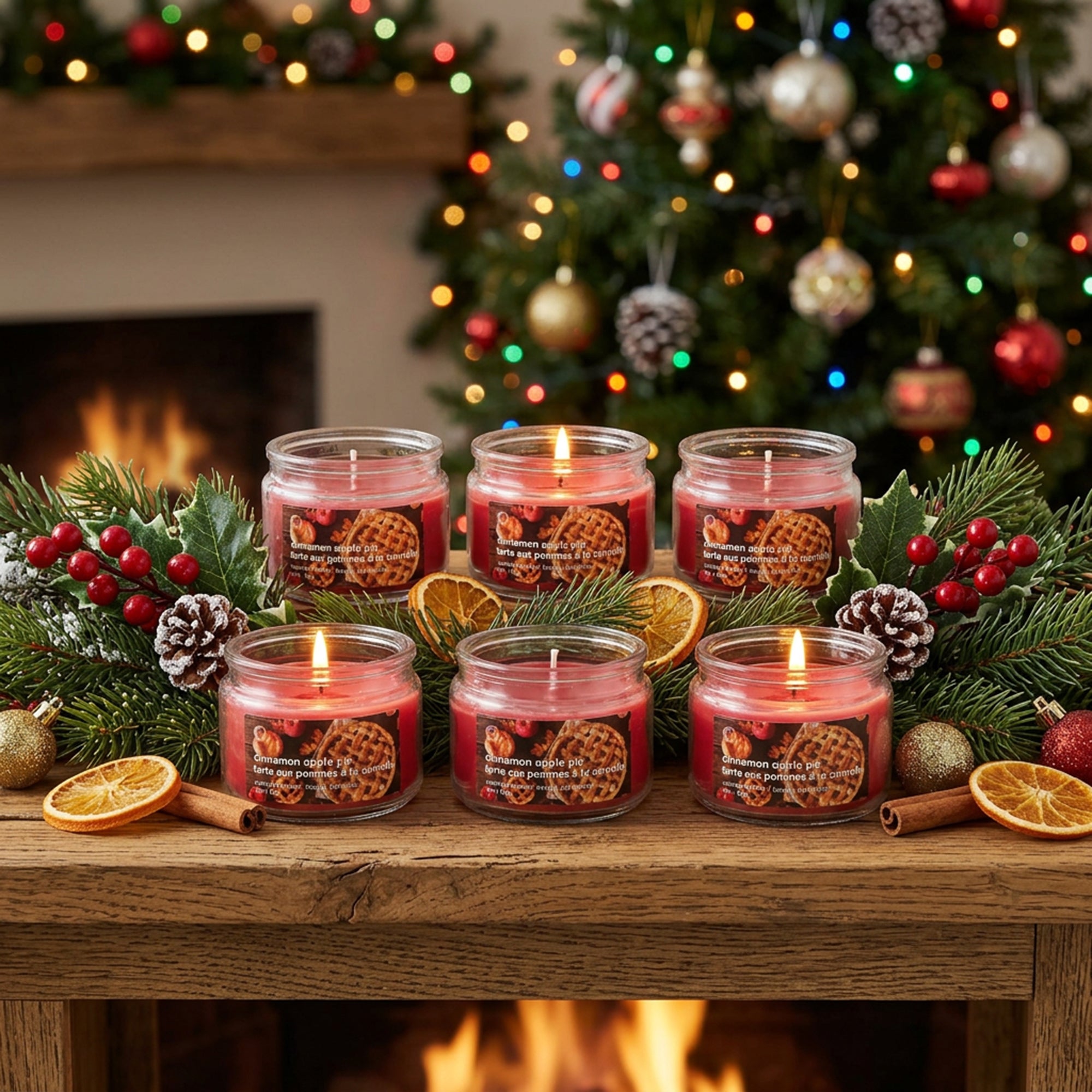 3oz Scented Glass Jar Cinnamon Apple Pie, Holiday Decor- Set of 6