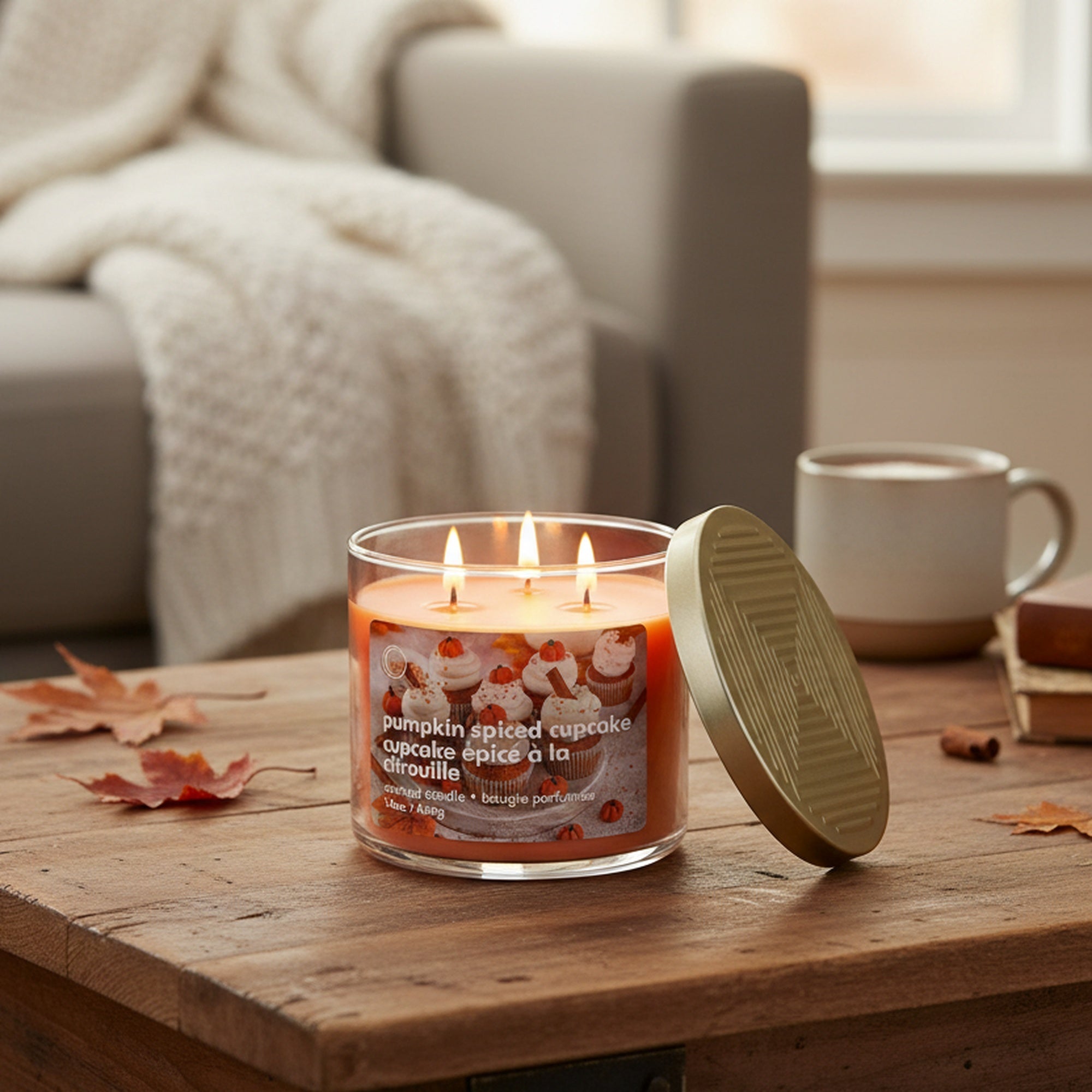 14oz 3 Wick Jar Candle with Lid Pumpkin Spiced Cupcake, Fall Harvest, Decorative Candle, Holiday Decor- Set of 2