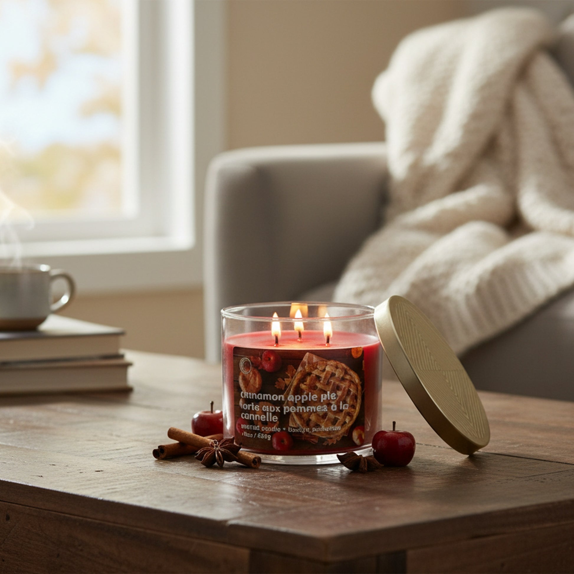 14oz 3 Wick Jar Candle with Lid Cinnamon Apple Pie, Decorative Candle, Holiday Decor- Set of 2