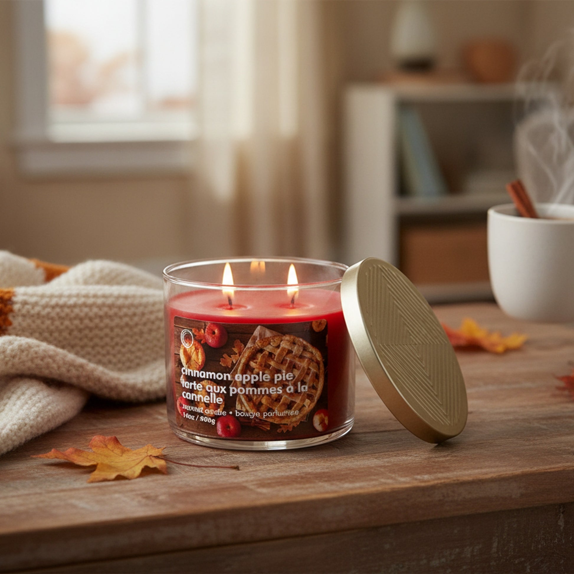 14oz 3 Wick Jar Candle with Lid Cinnamon Apple Pie, Decorative Candle, Holiday Decor- Set of 2