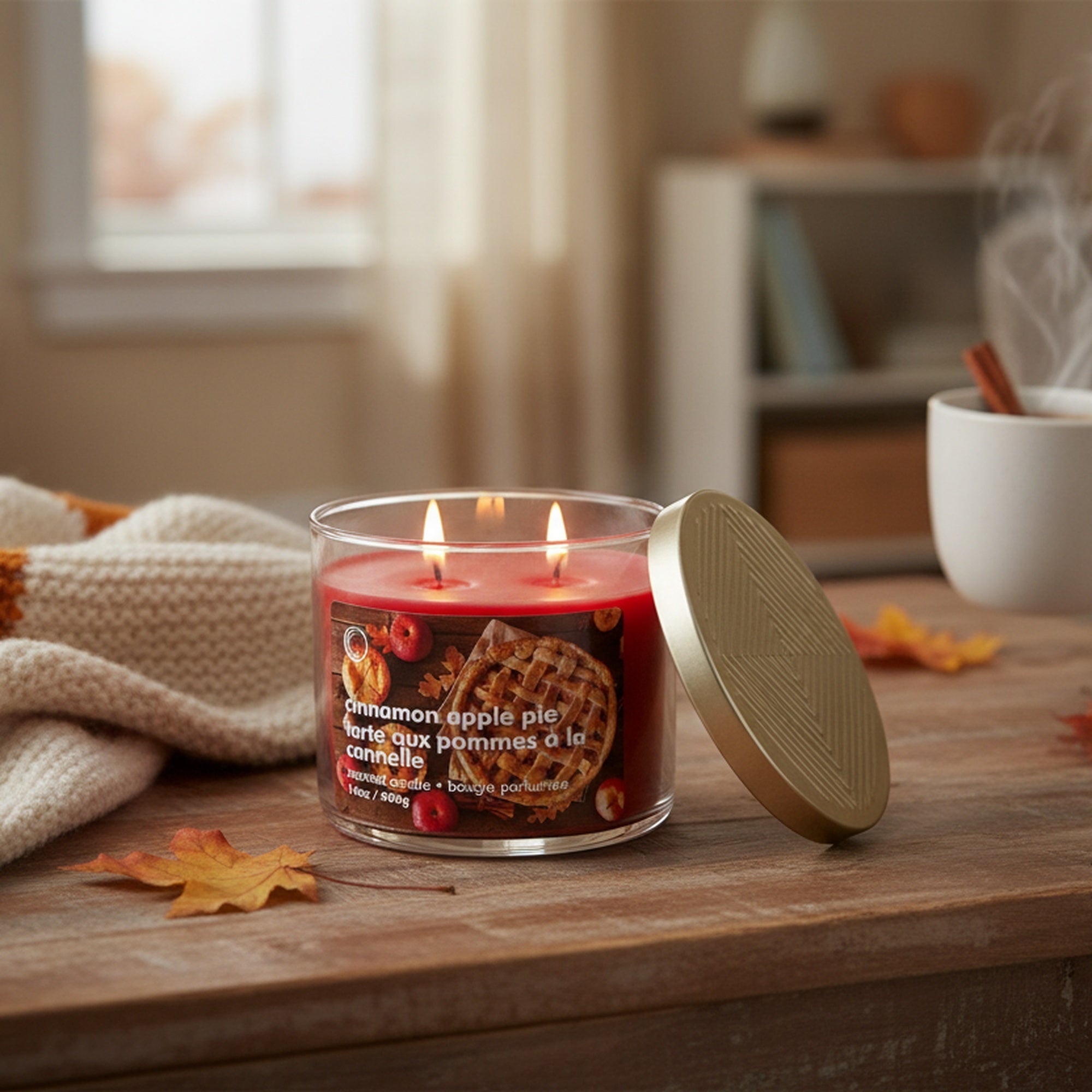 14oz 3 Wick Jar Candle with Lid Cinnamon Apple Pie, Decorative Candle, Holiday Decor- Set of 2