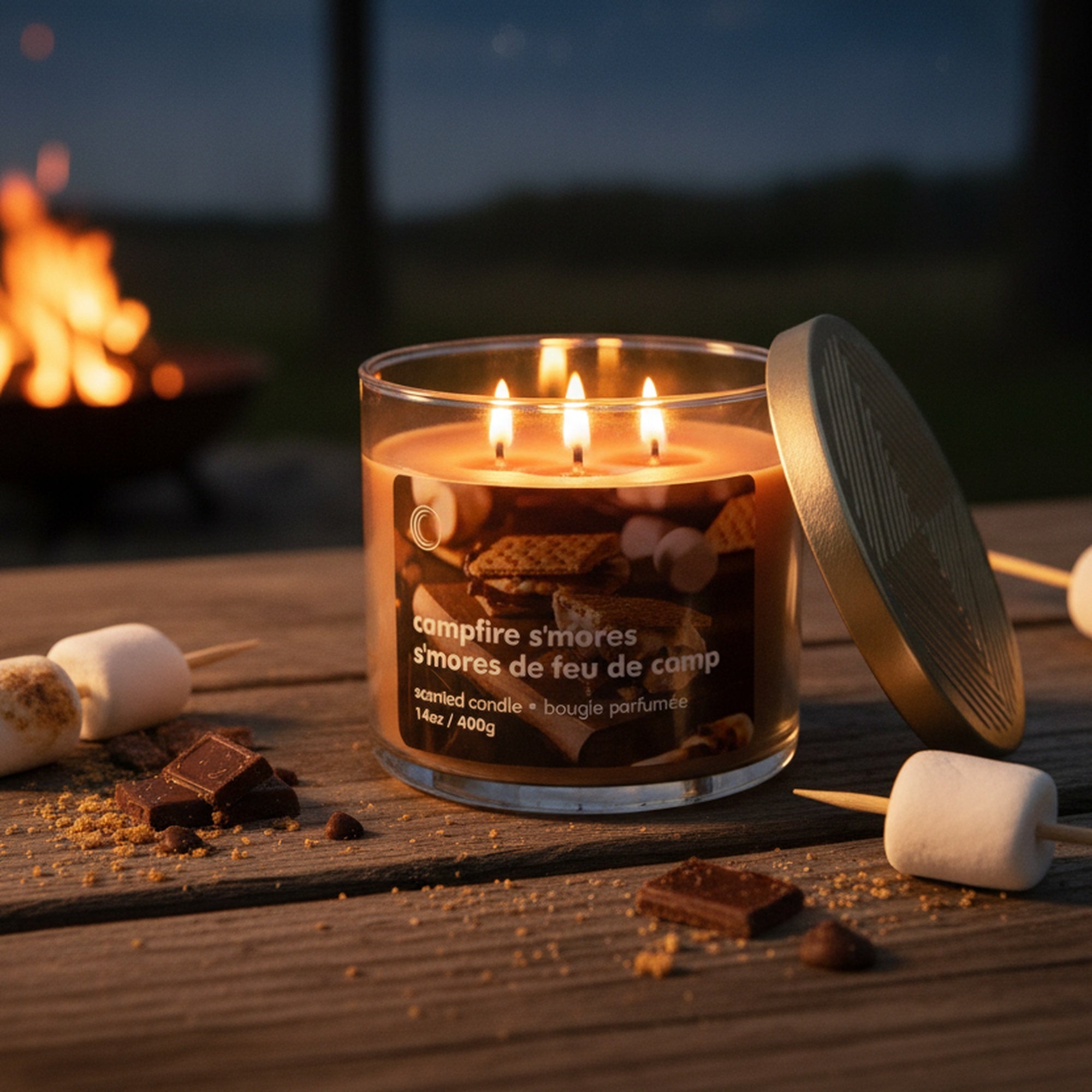 14oz 3 Wick Jar Candle with Lid Campfire S'mores, Decorative Candle, Holiday Decor- Set of 2