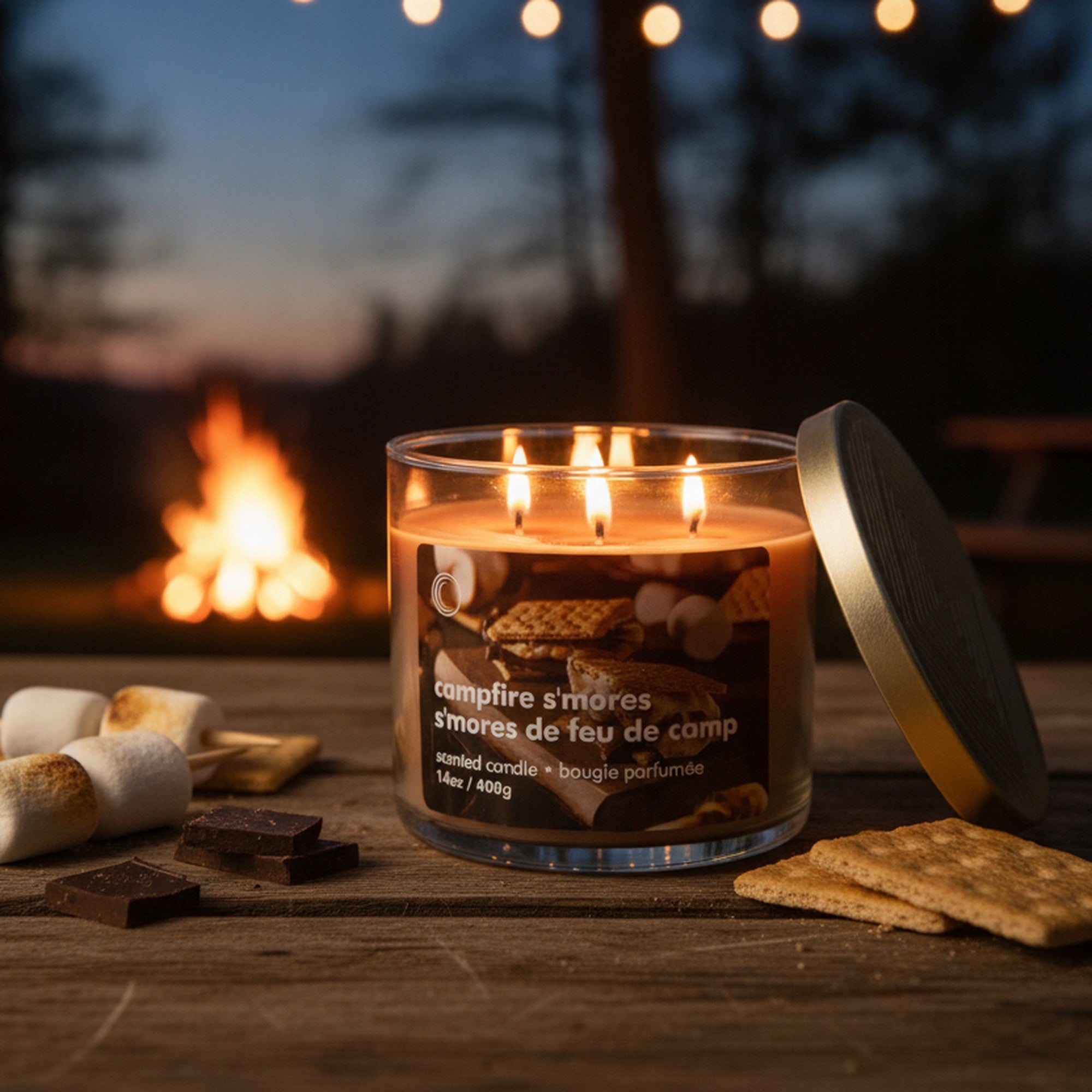 14oz 3 Wick Jar Candle with Lid Campfire S'mores, Decorative Candle, Holiday Decor- Set of 2