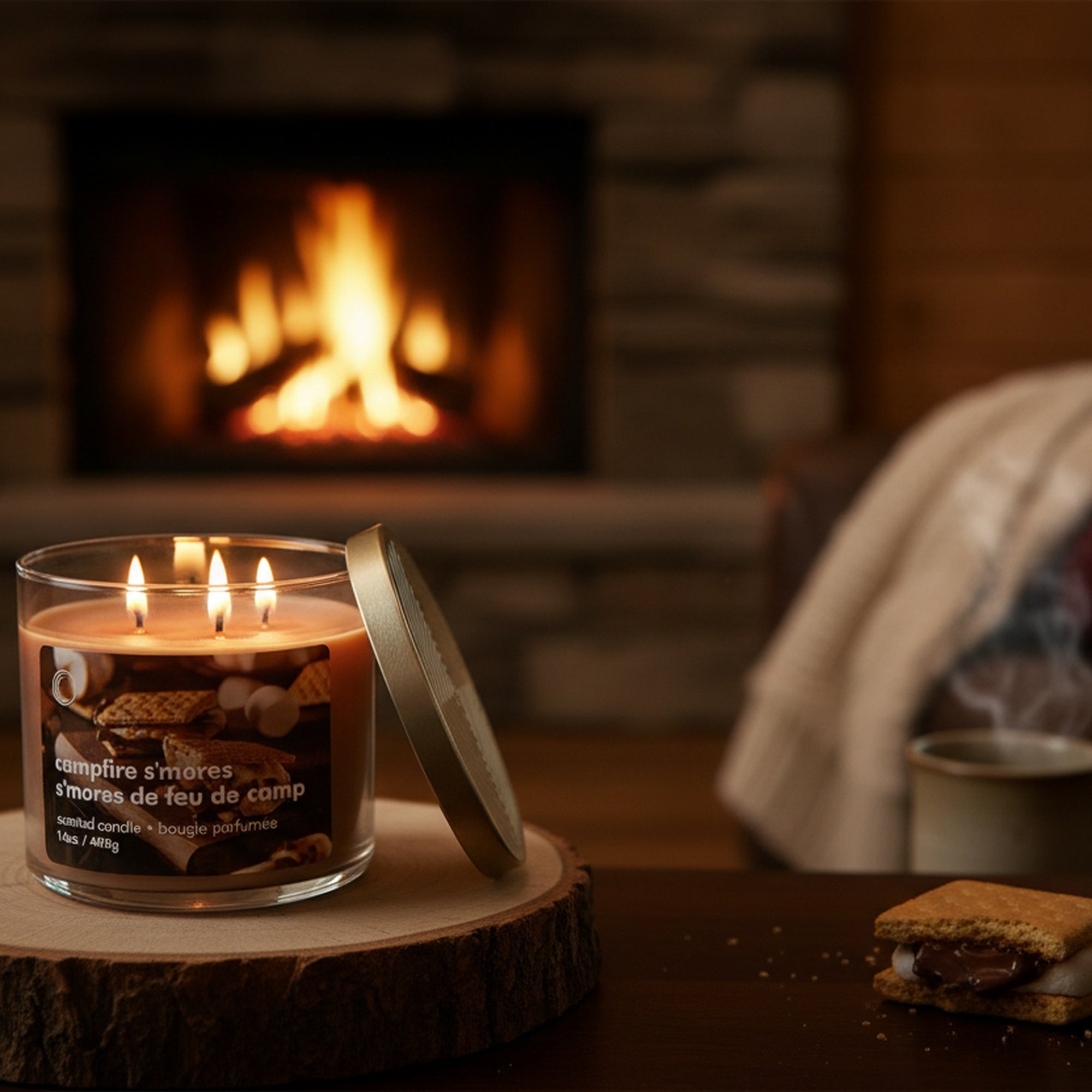 14oz 3 Wick Jar Candle with Lid Campfire S'mores, Decorative Candle, Holiday Decor- Set of 2