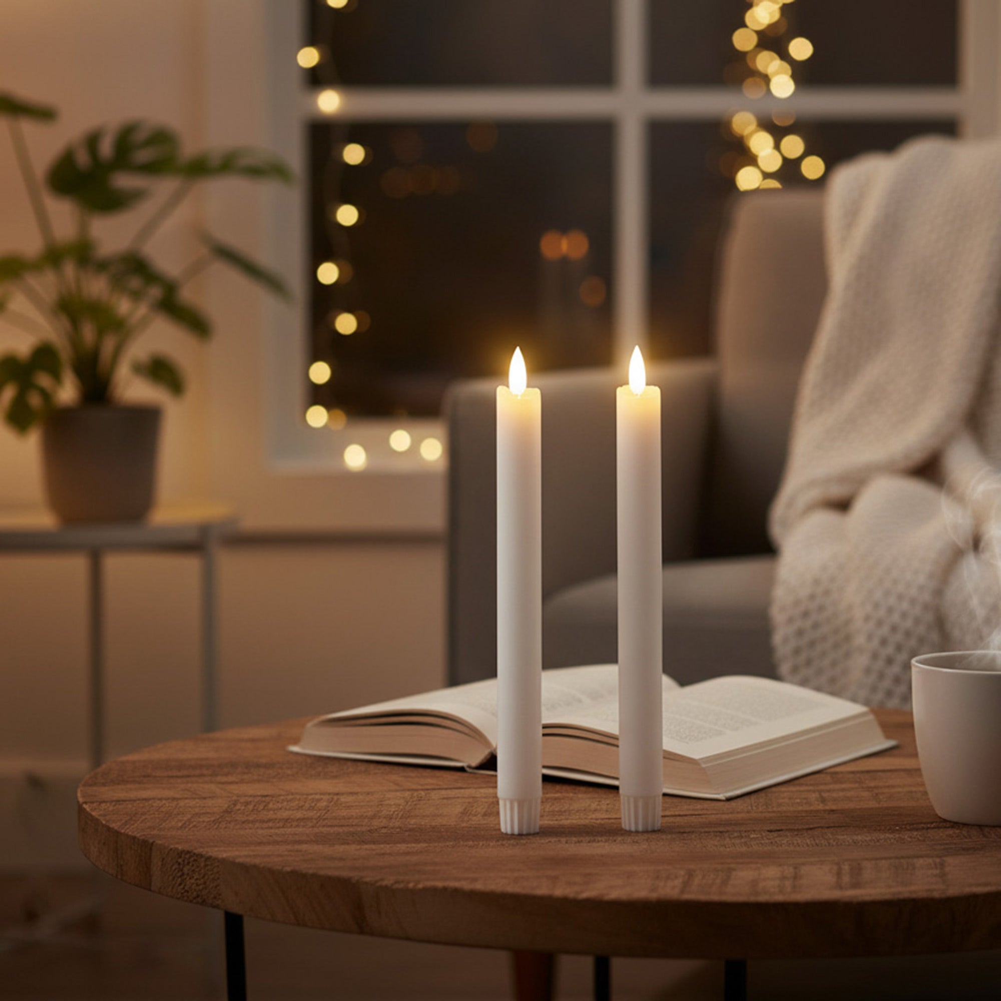 LED 2 Pack White Wax Dinner Candles for Safe Ambient Lighting - Set of 2
