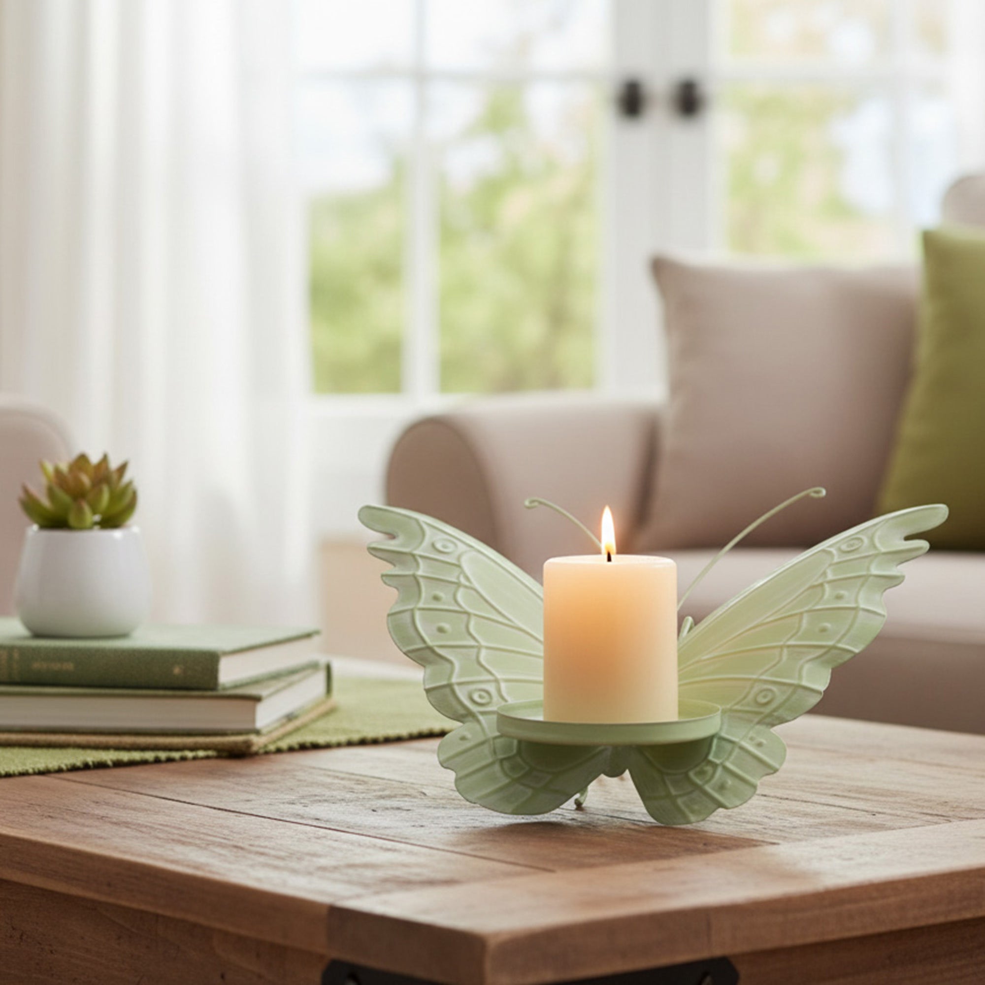 11.8 Inch Green Metal Butterfly Candle Holder for Elegant Display - Set of 2