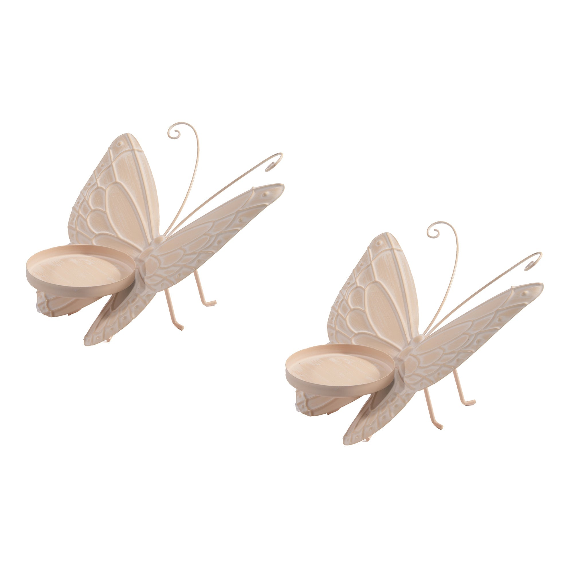 9 Inch Peachy Rose Metal Butterfly Candle Holder with Decorative Charm - Set of 2