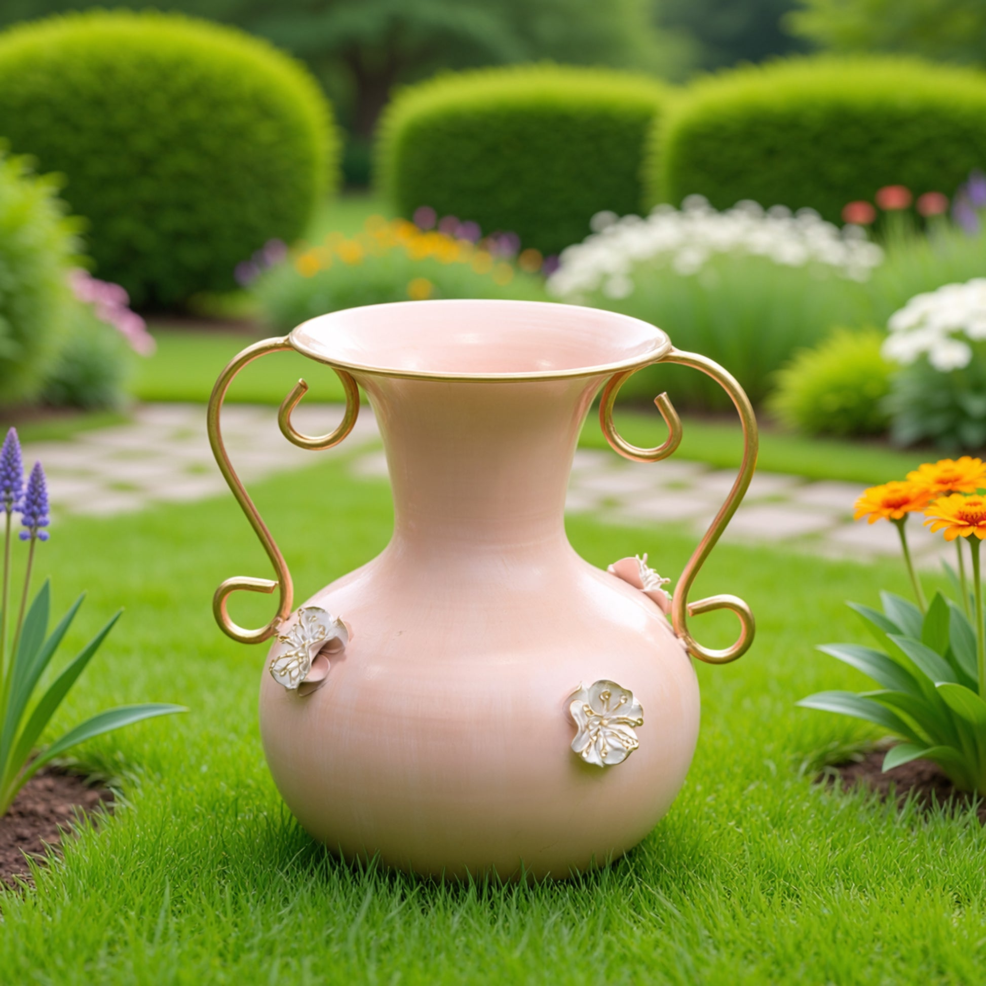Ornate Metal Vase in Peachy Rose Finish for Stylish Floral Arrangements