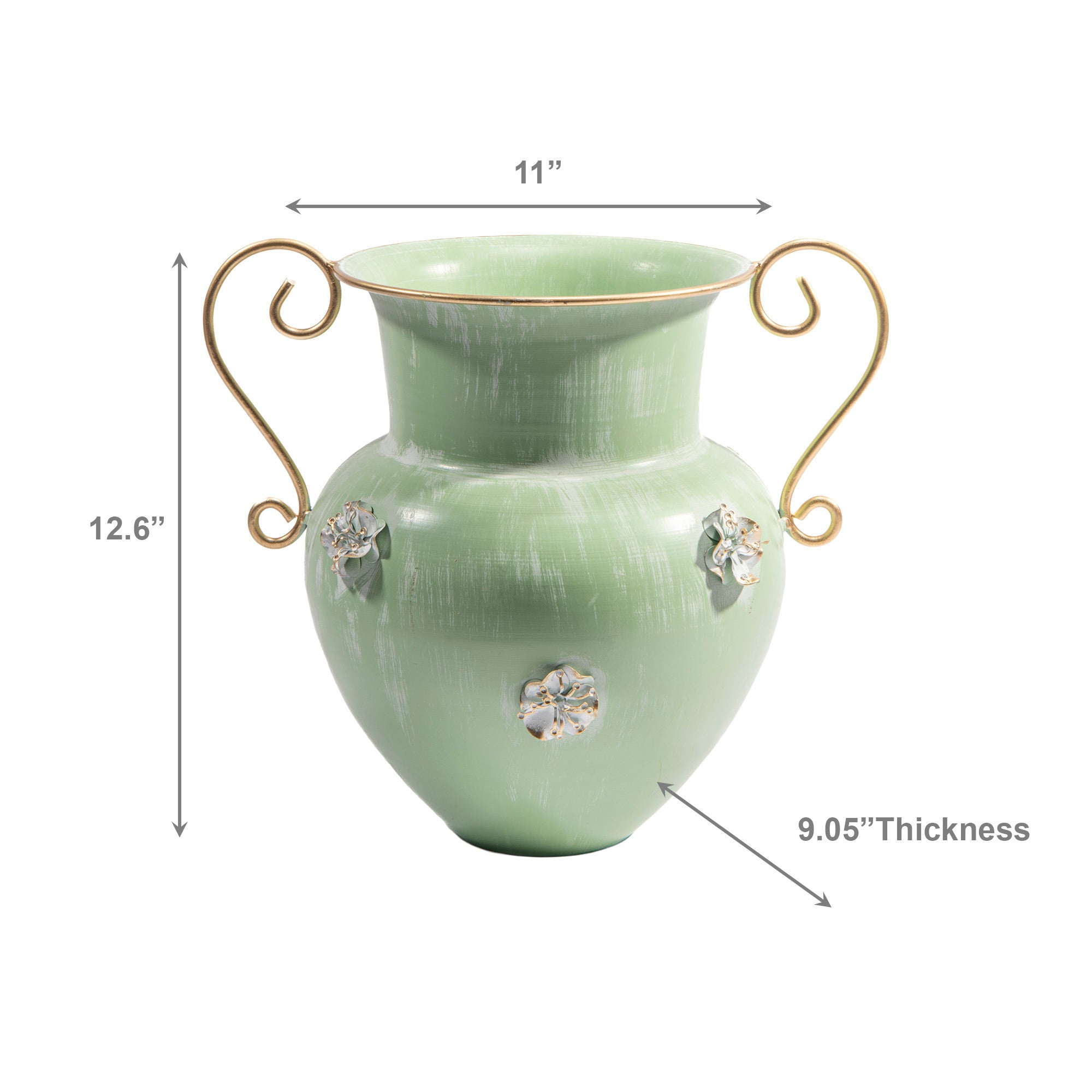 Ornate Metal Vase in Soft Green Finish for Elegant Floral Displays
