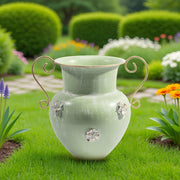 Ornate Metal Vase in Soft Green Finish for Elegant Floral Displays