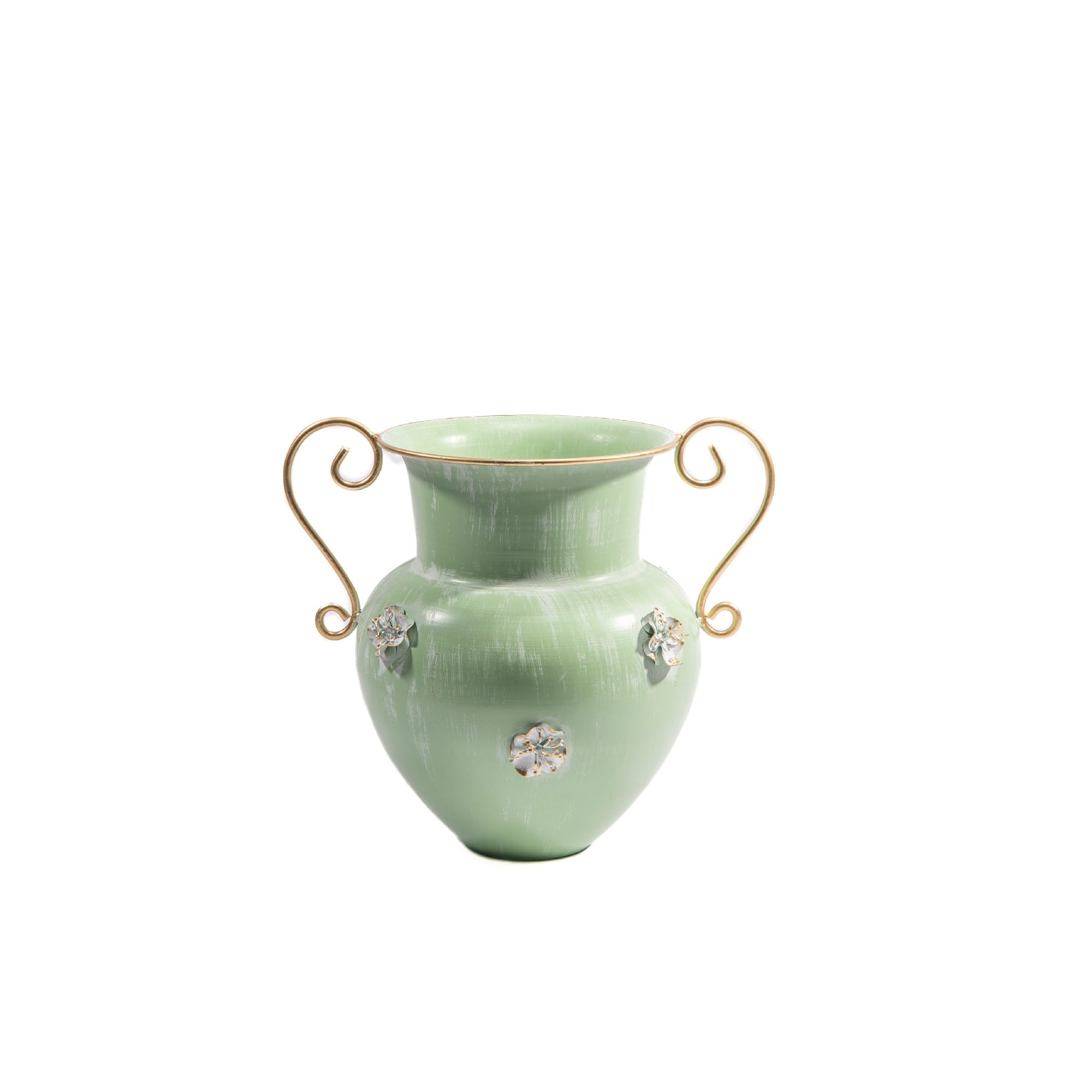 Ornate Metal Vase in Soft Green Finish for Elegant Floral Displays