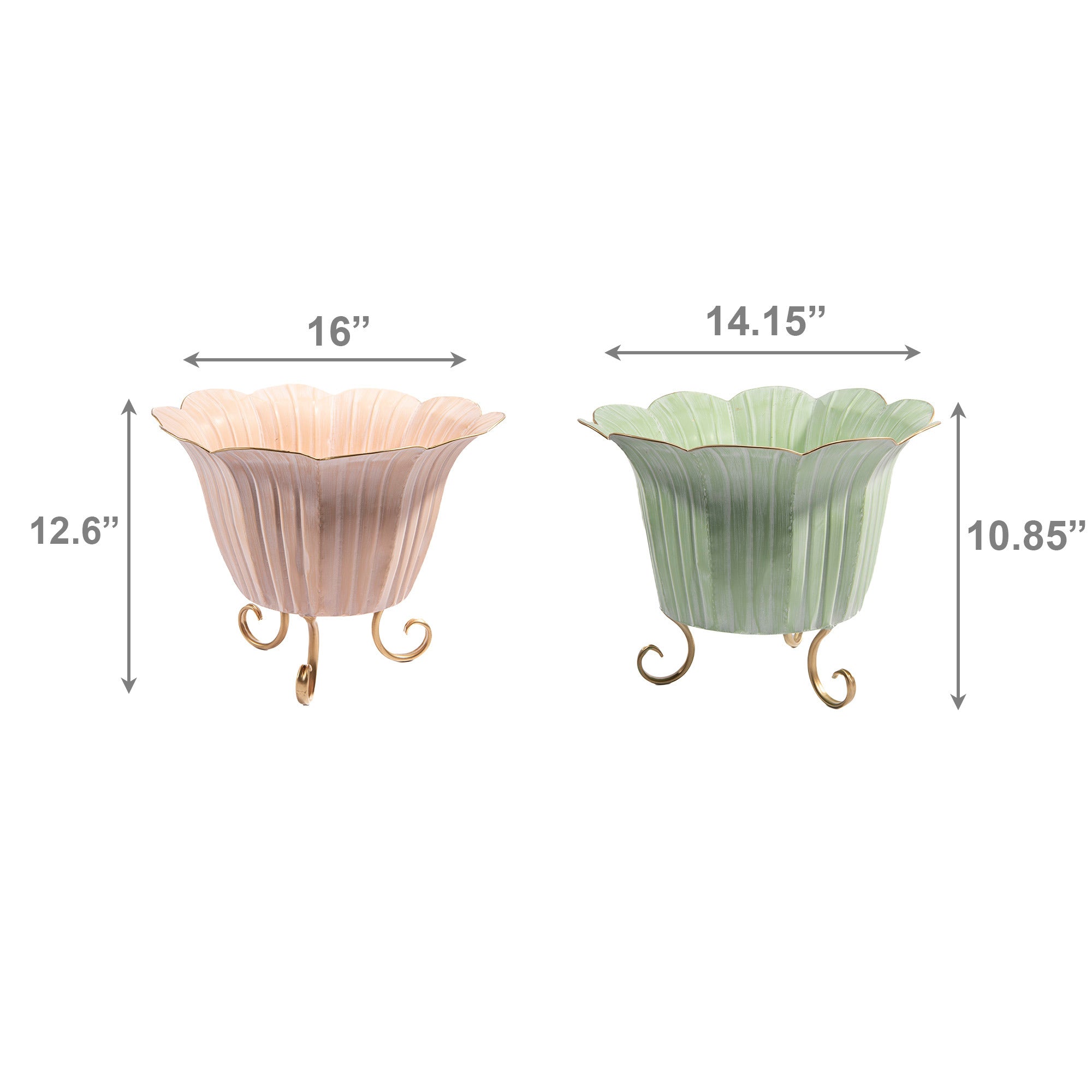 Set of 2 Metal Planters with Scalloped Edges and Stands for Decorative Use