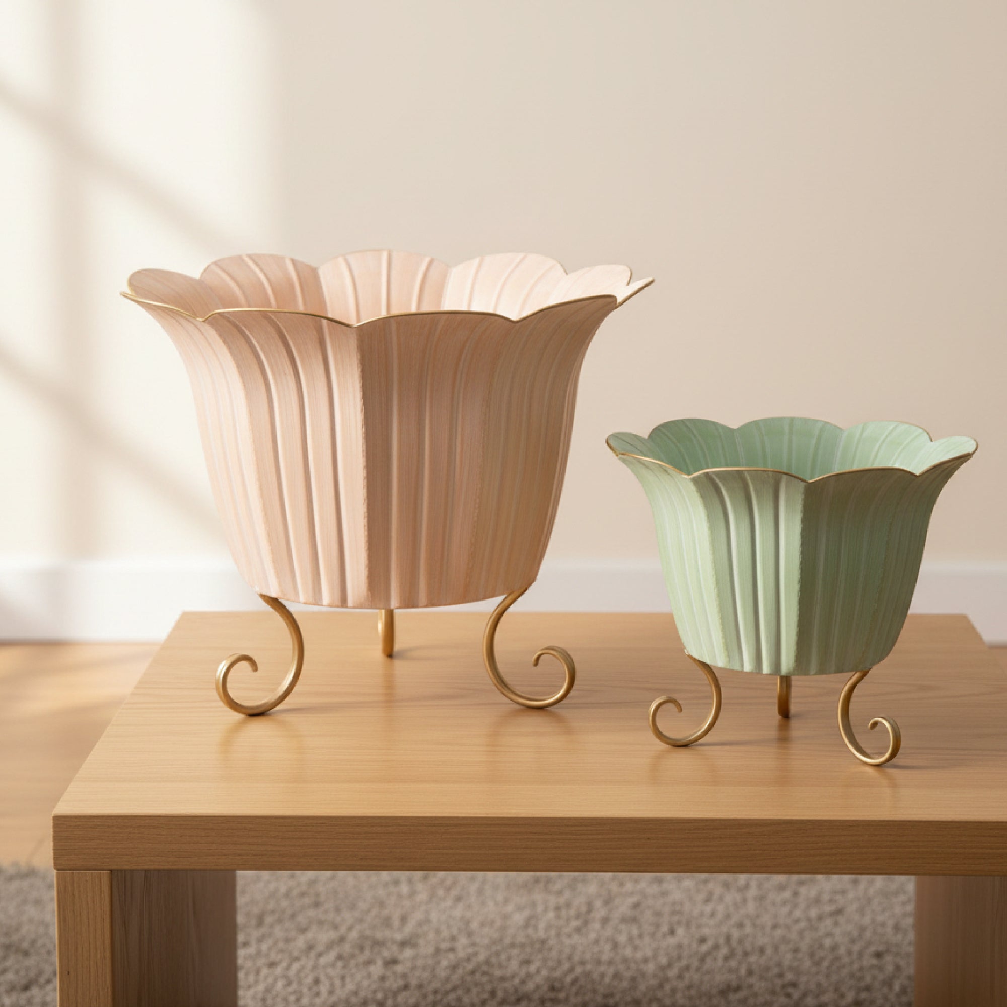 Set of 2 Metal Planters with Scalloped Edges and Stands for Decorative Use