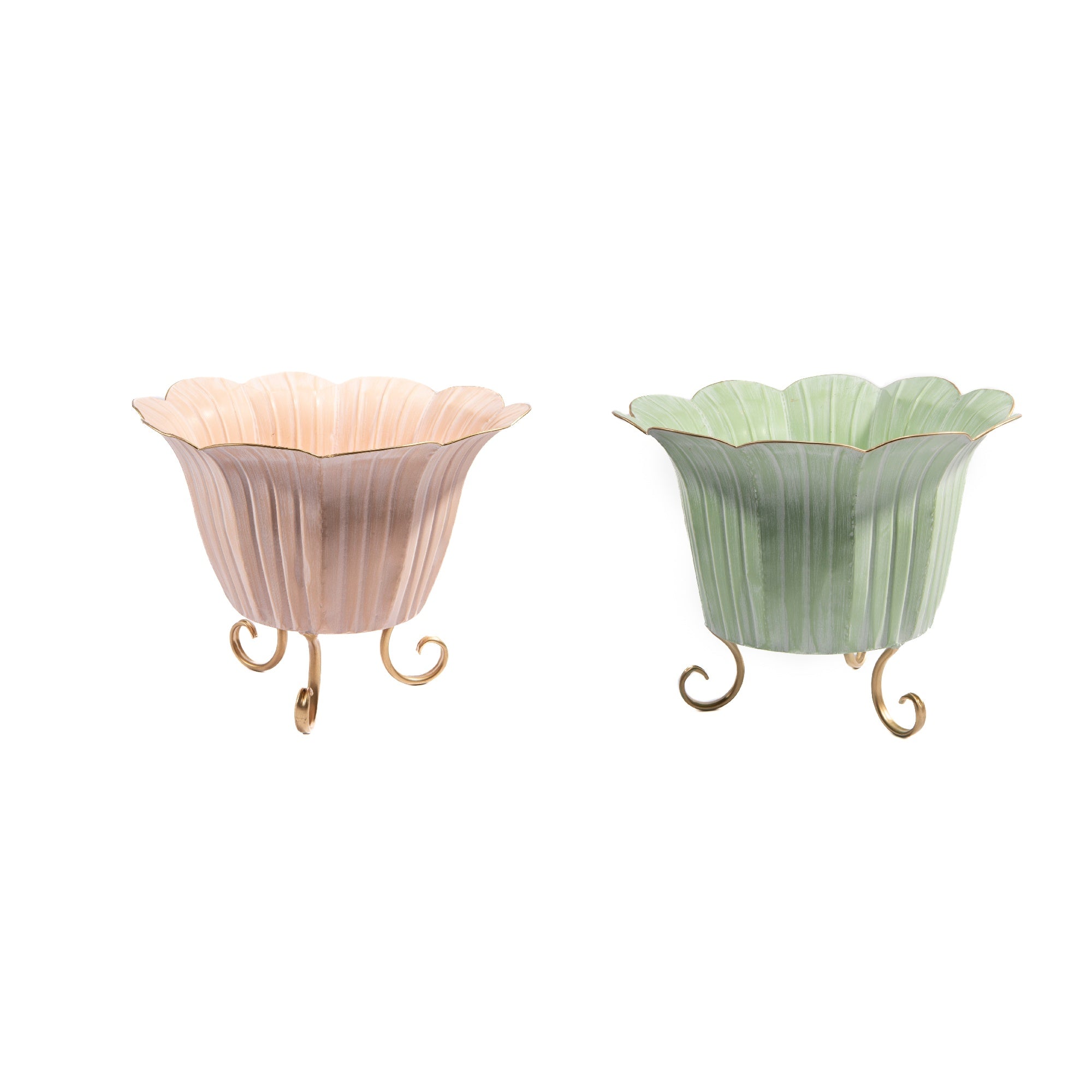 Set of 2 Metal Planters with Scalloped Edges and Stands for Decorative Use