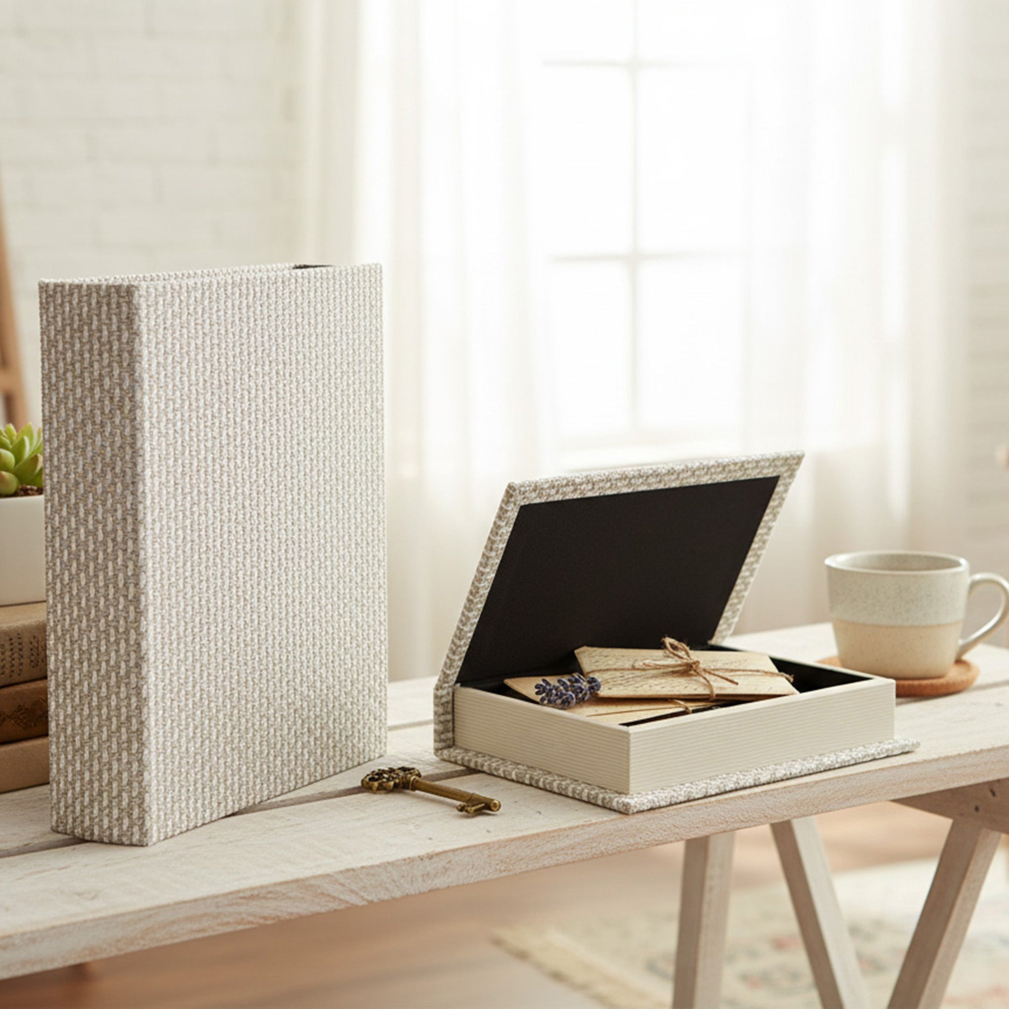 Set of 2 Beige Woven Fabric Storage Books for Stylish Organization