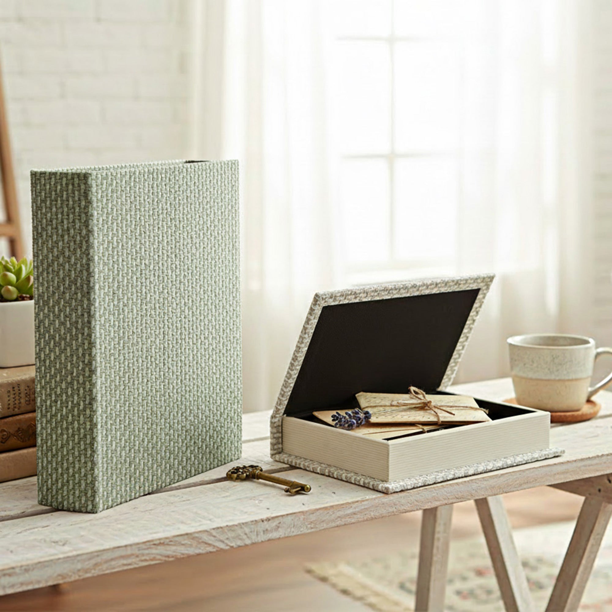 Set of 2 Green Woven Fabric Storage Books for Functional Decor