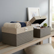 Set of 2 Beige and Gray Woven Storage Boxes with Clear Handles
