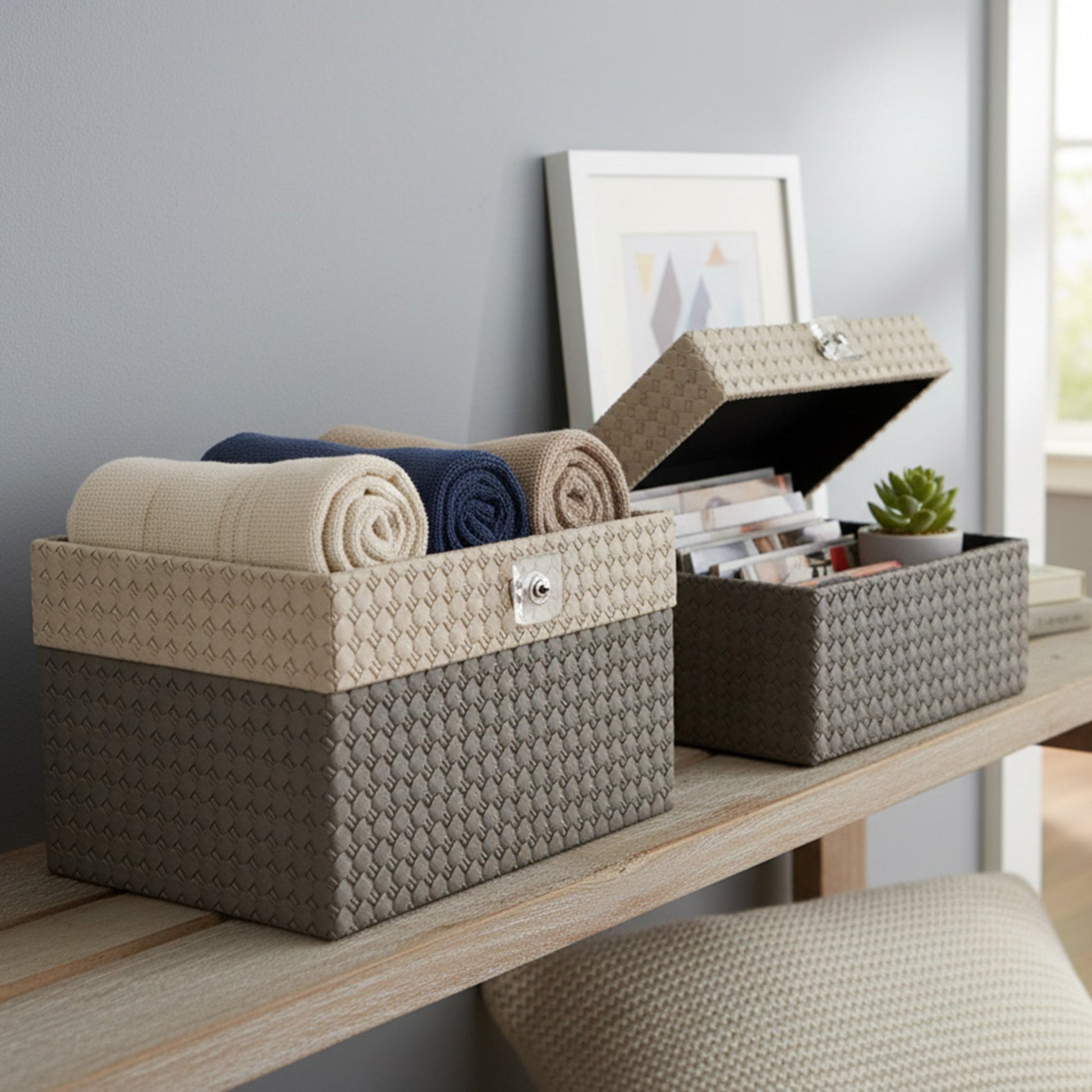 Set of 2 Beige and Gray Woven Storage Boxes with Clear Handles