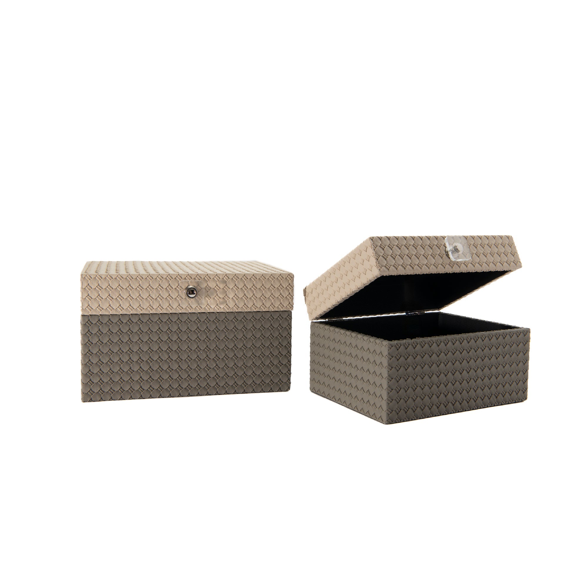 Set of 2 Beige and Gray Woven Storage Boxes with Clear Handles