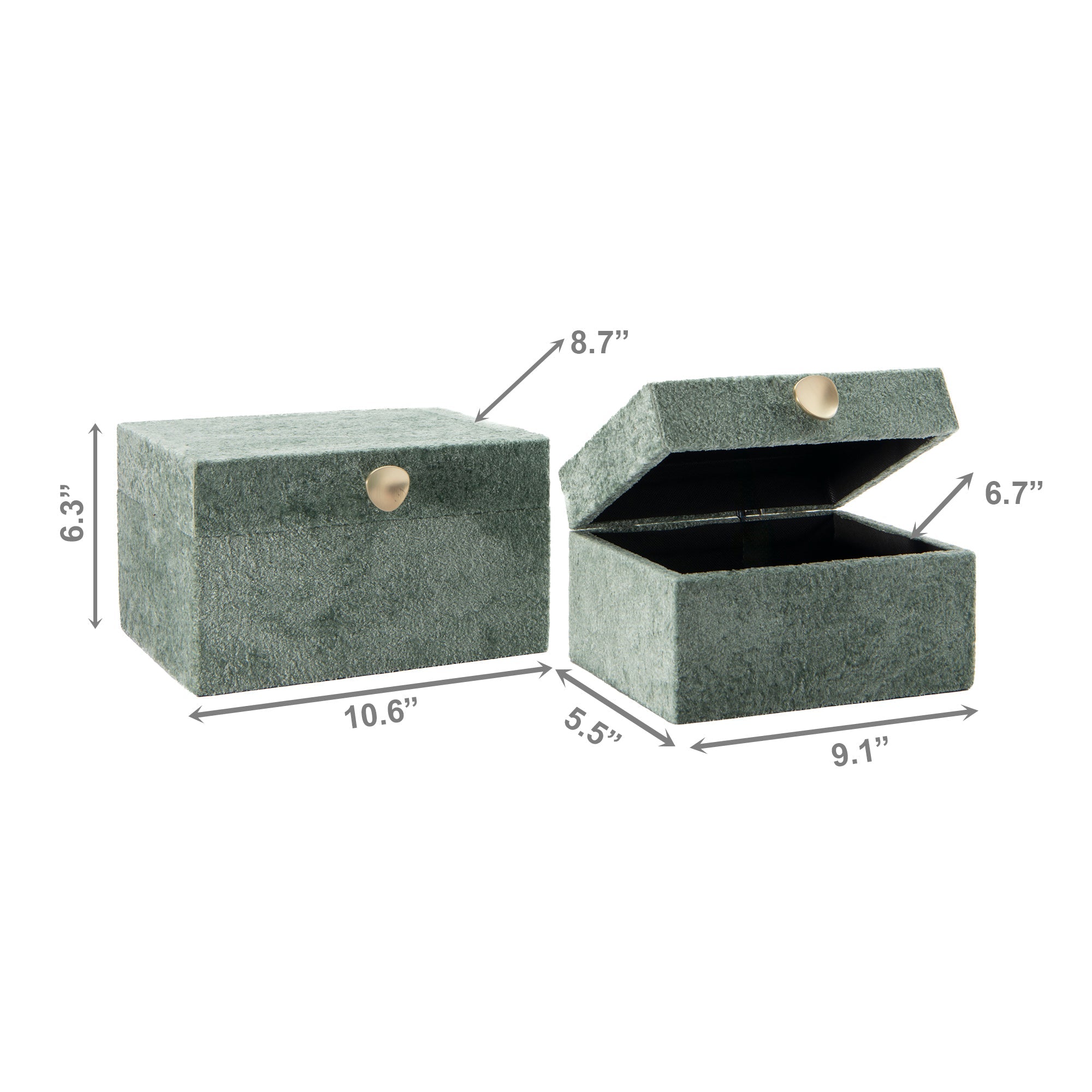 Set of 2 Green Velvet Storage Boxes with Elegant Gold Handles