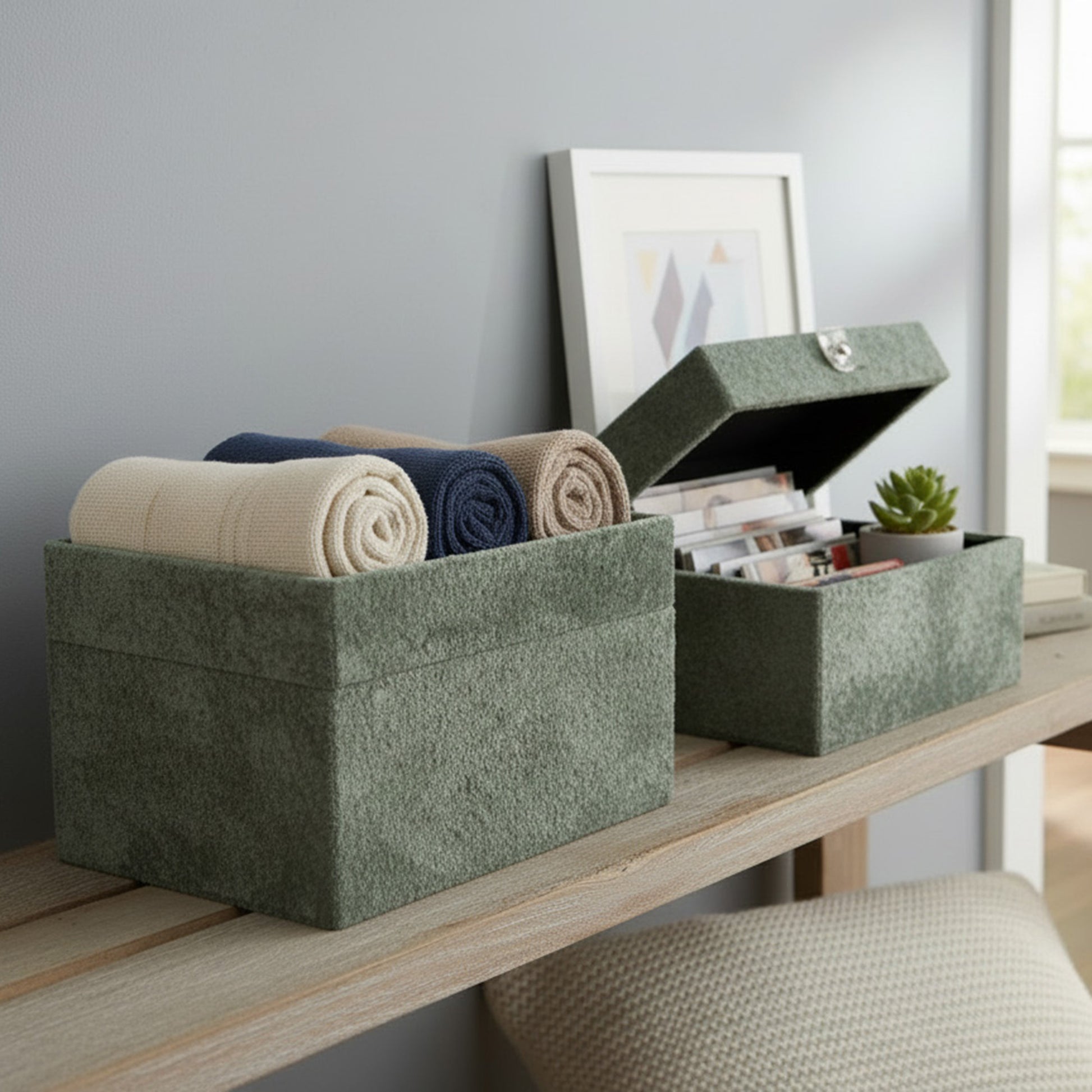 Set of 2 Green Velvet Storage Boxes with Elegant Gold Handles