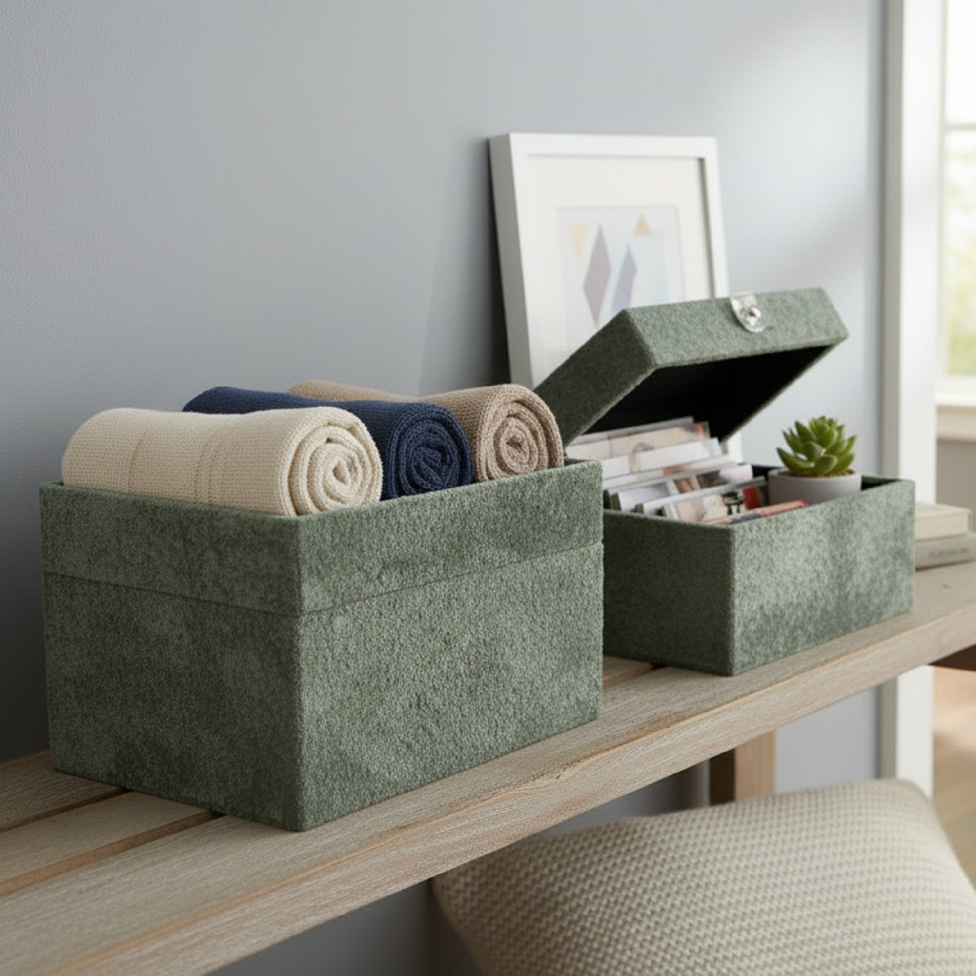 Set of 2 Green Velvet Storage Boxes with Elegant Gold Handles