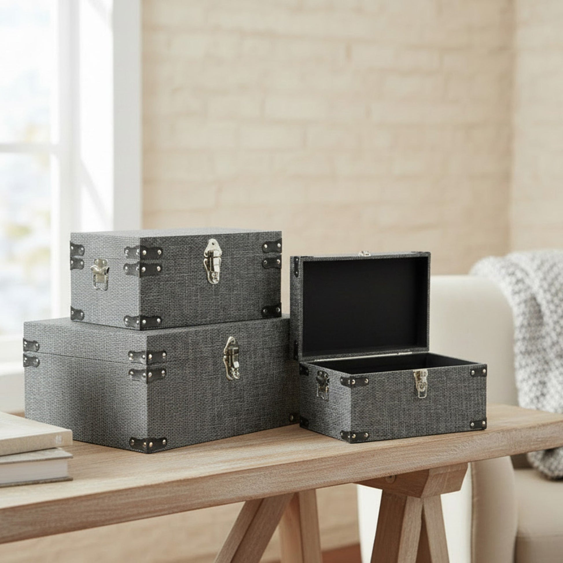 Set of 3 Black Fabric Storage Trunks for Durable and Chic Storage