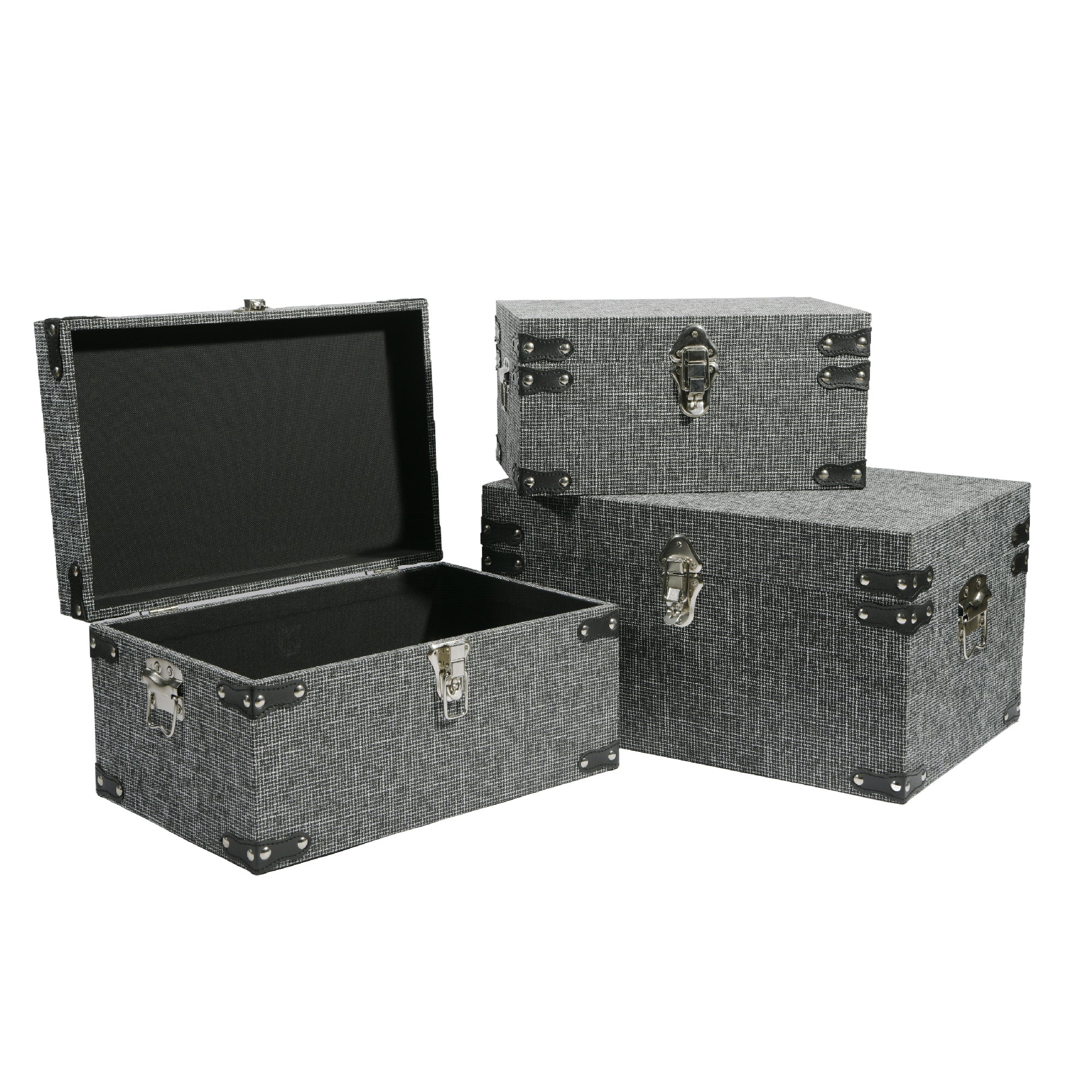 Set of 3 Black Fabric Storage Trunks for Durable and Chic Storage