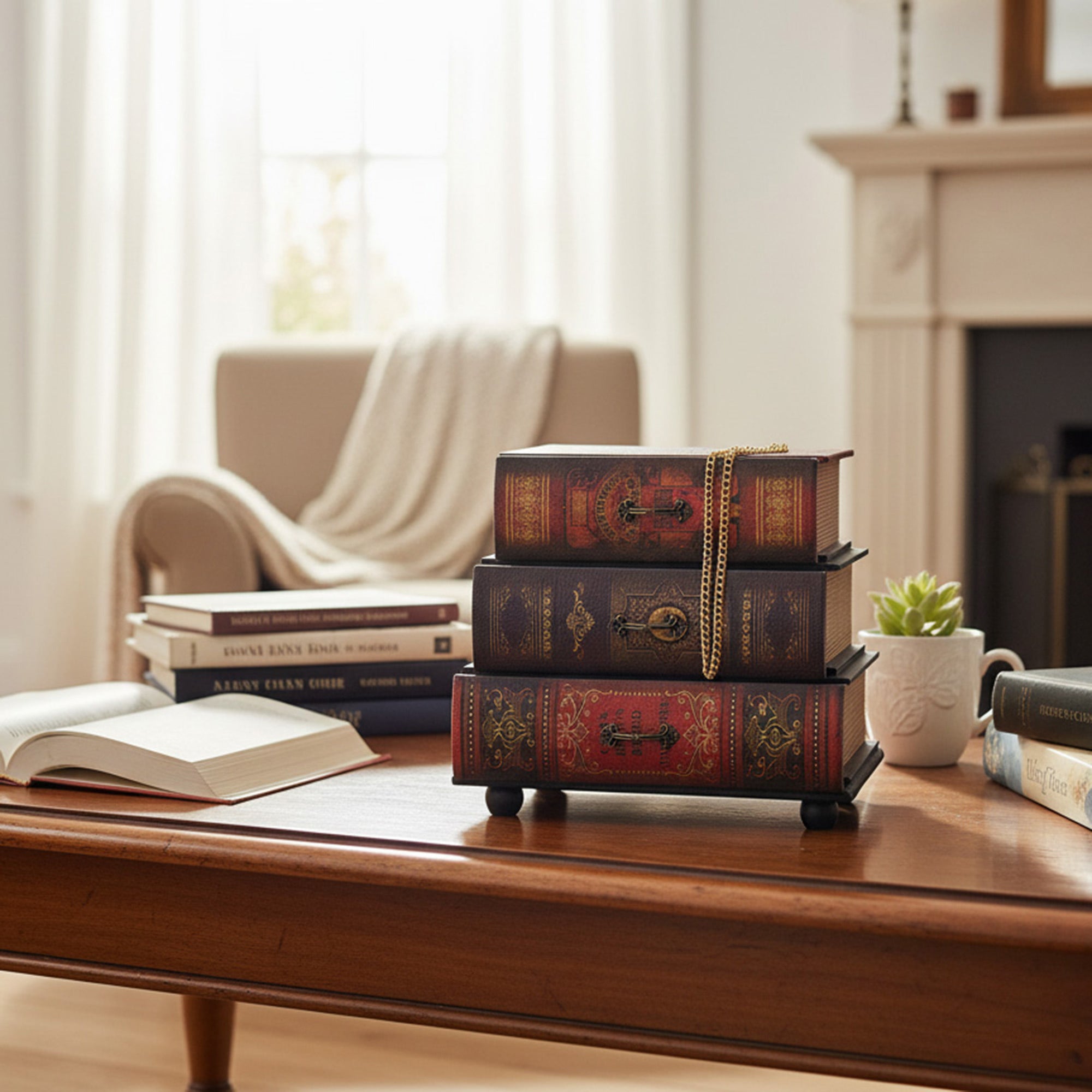 Victorian Style Stacking Book Decor with 3 Hidden Drawers for Secret Storage