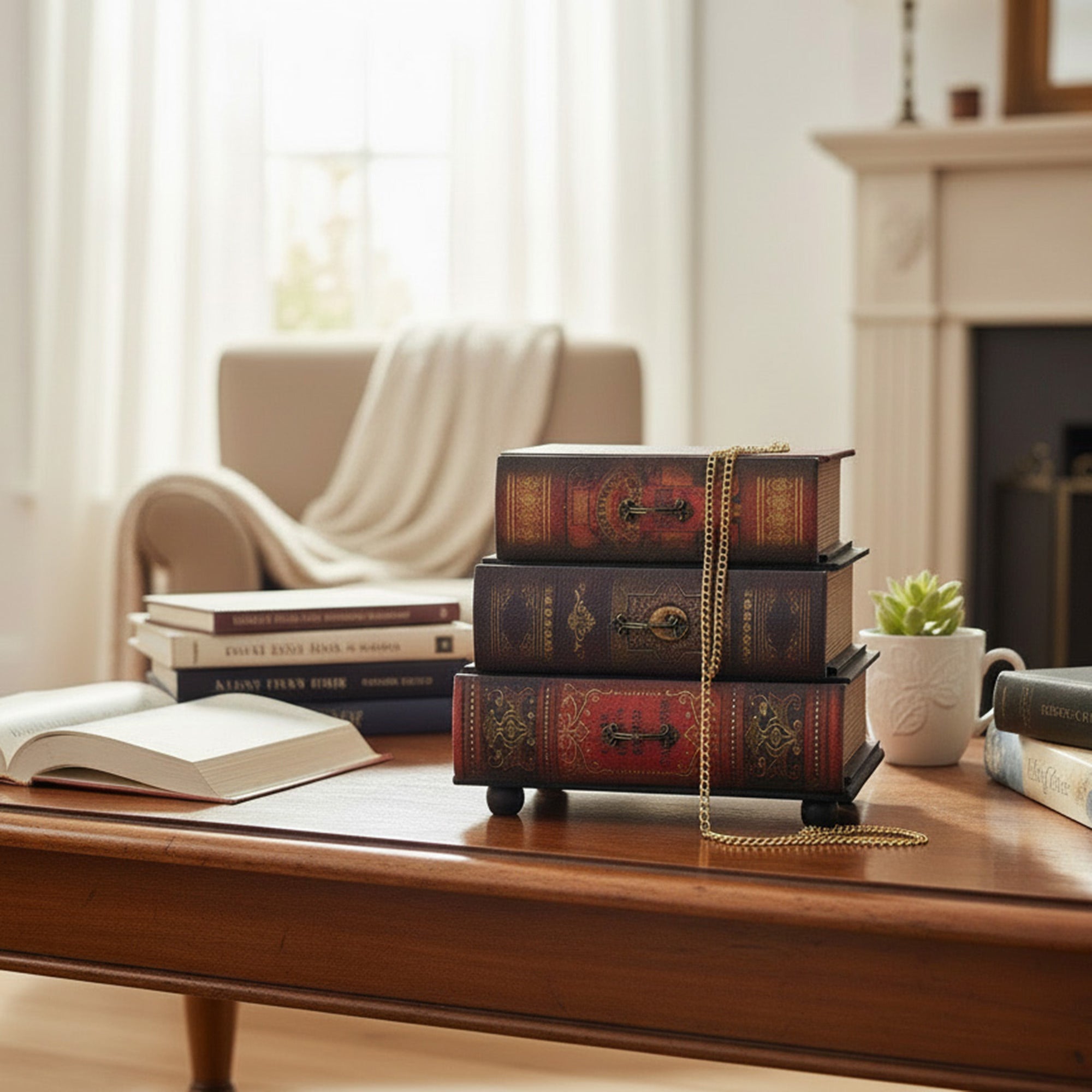 Vintage Style Stacking Book Decor with 3 Hidden Drawers for Hidden Storage