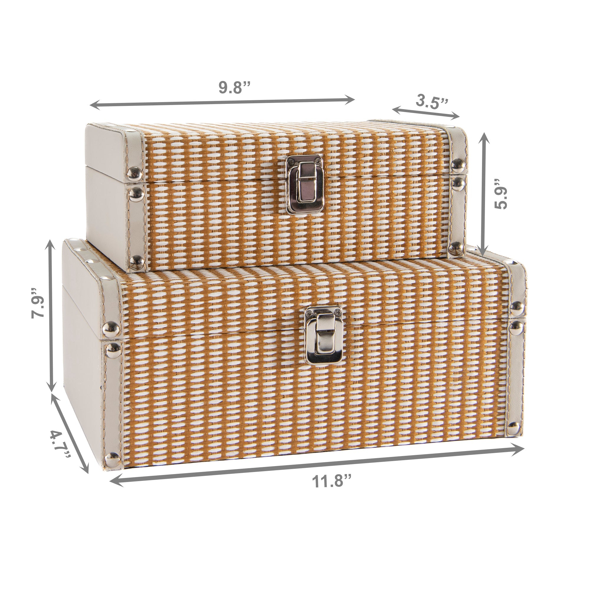 Set of 2 Taupe Woven Storage Boxes with Secure Metal Clasps