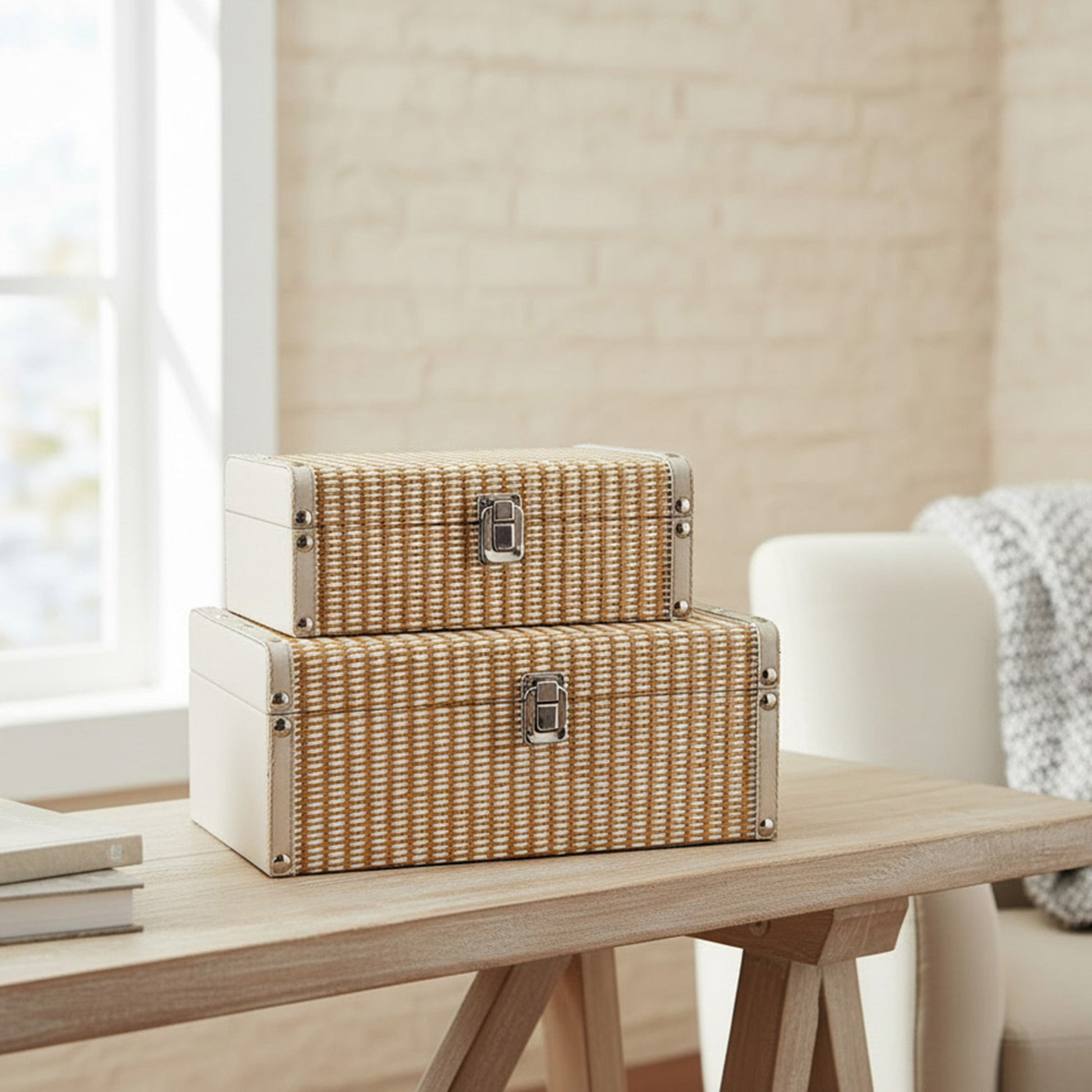 Set of 2 Taupe Woven Storage Boxes with Secure Metal Clasps