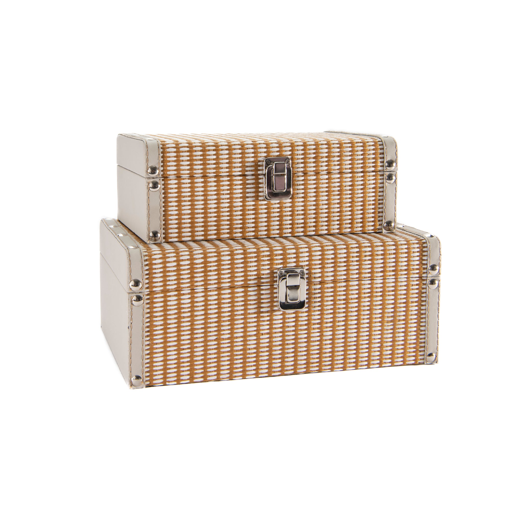 Set of 2 Taupe Woven Storage Boxes with Secure Metal Clasps