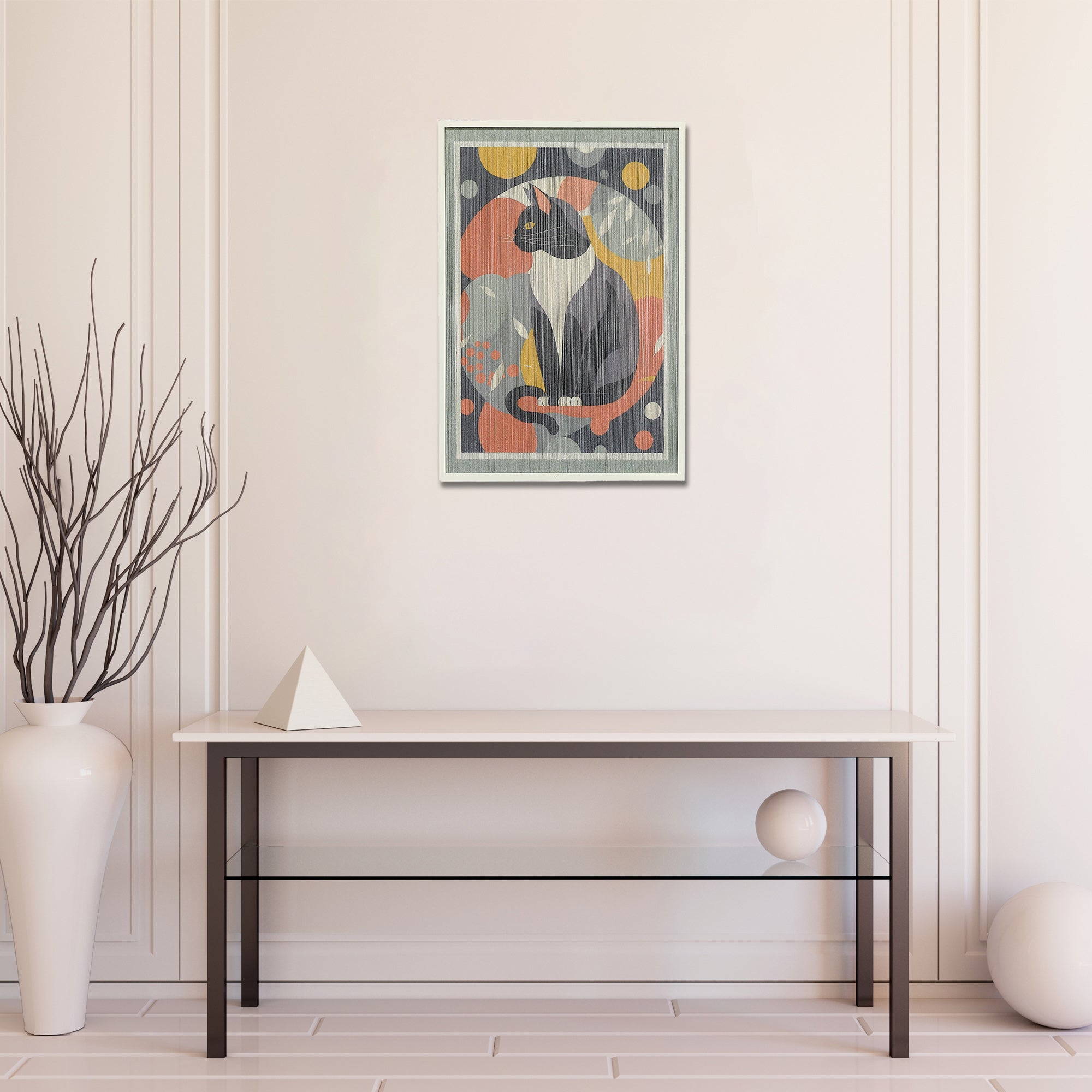Thread Framed Wall Art Cat In Matisse Style, Thread Framed Cat Wall Art, Modern Decorative Piece