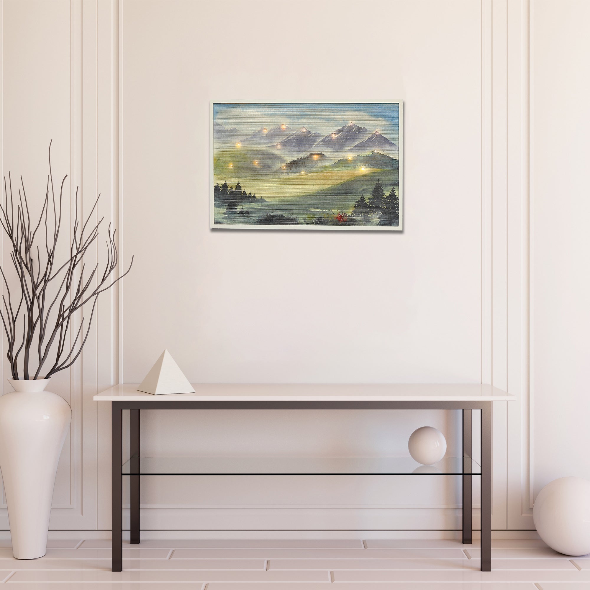Led Thread Framed Wall Art Mountain, Led Thread Mountain Wall Art, Illuminated Landscape Decor