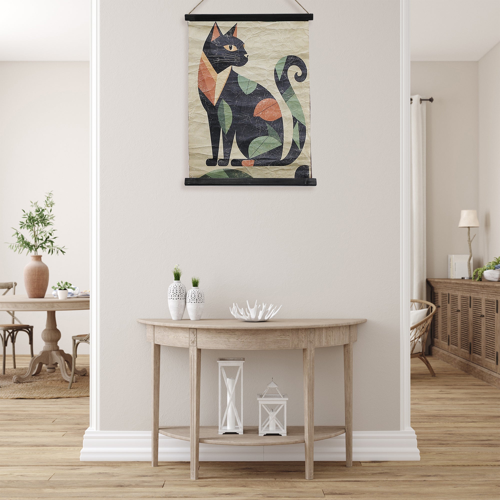 Crinkle Paper Wall Hanger Cat & Leaves, Cat And Leaves Paper Wall Decor, Artistic Home Accent