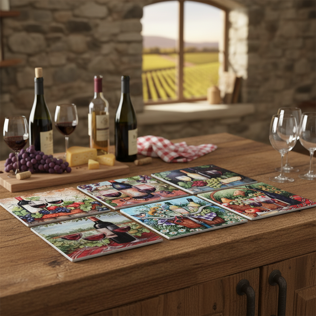 8 Inch Square Ceramic Trivet Winery Design Set of 6 Kitchen Hot Plate