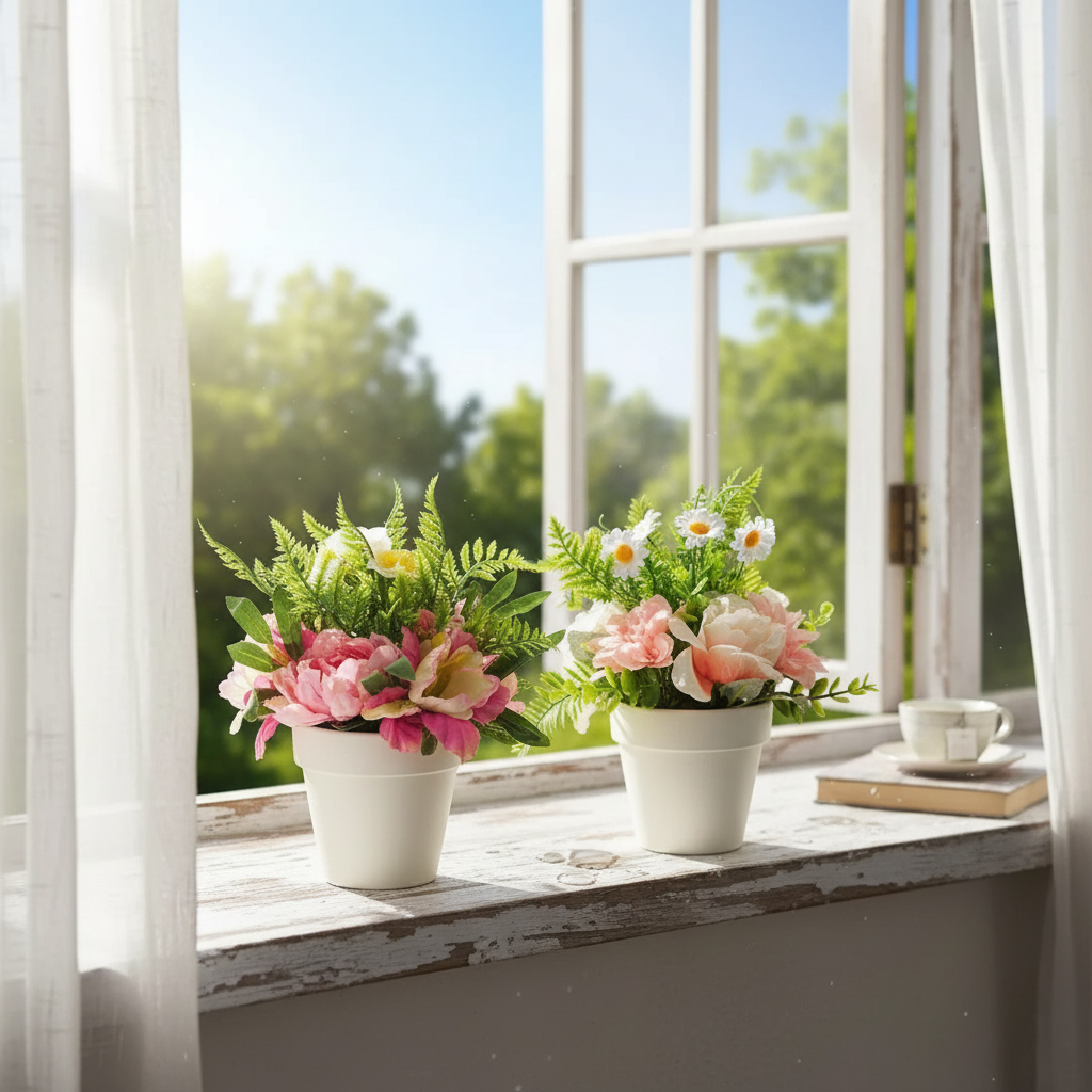 Artificial Bouquet In Plastic Pot Assorted Decorative Floral Arrangement