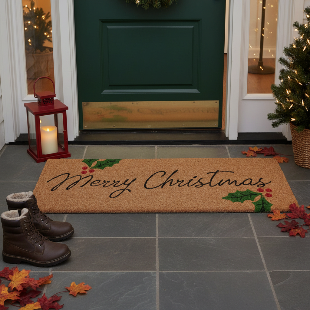 Coir Door Mat Hollies Merry Christmas 16 X 48 Festive Holiday Entrance Mat