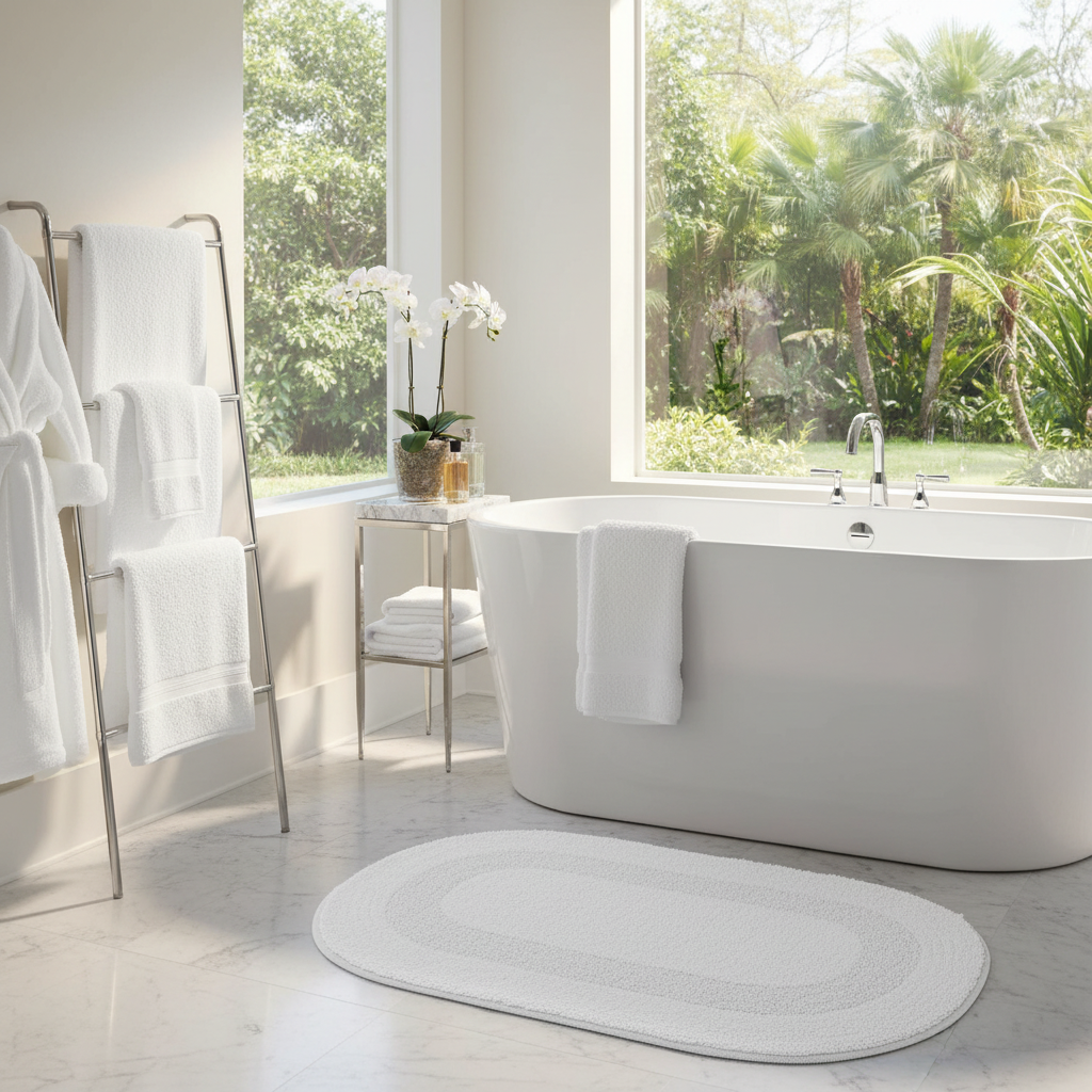 Reversible Cotton Oval Bath Mat – Solid White 16x24, Non-Slip, Set of 2