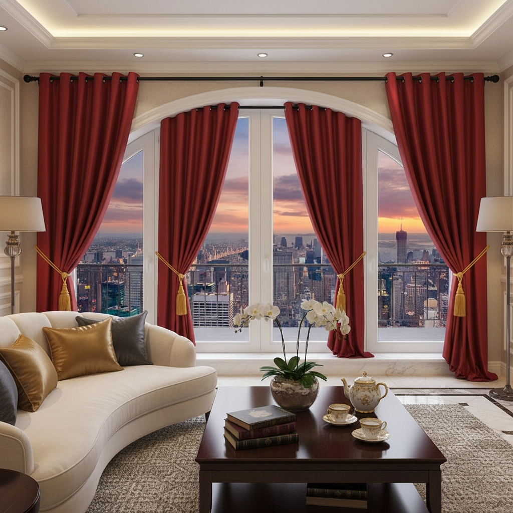 Red Faux Silk Curtain Panels with Grommets – Set of 2, Elegant Window Drapes