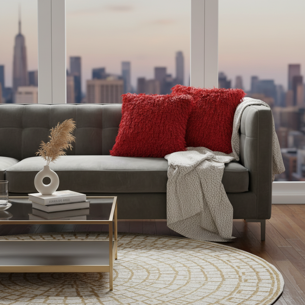 Red Furry Throw Cushion Pillow – Set of 2, Soft Decorative Home Accent